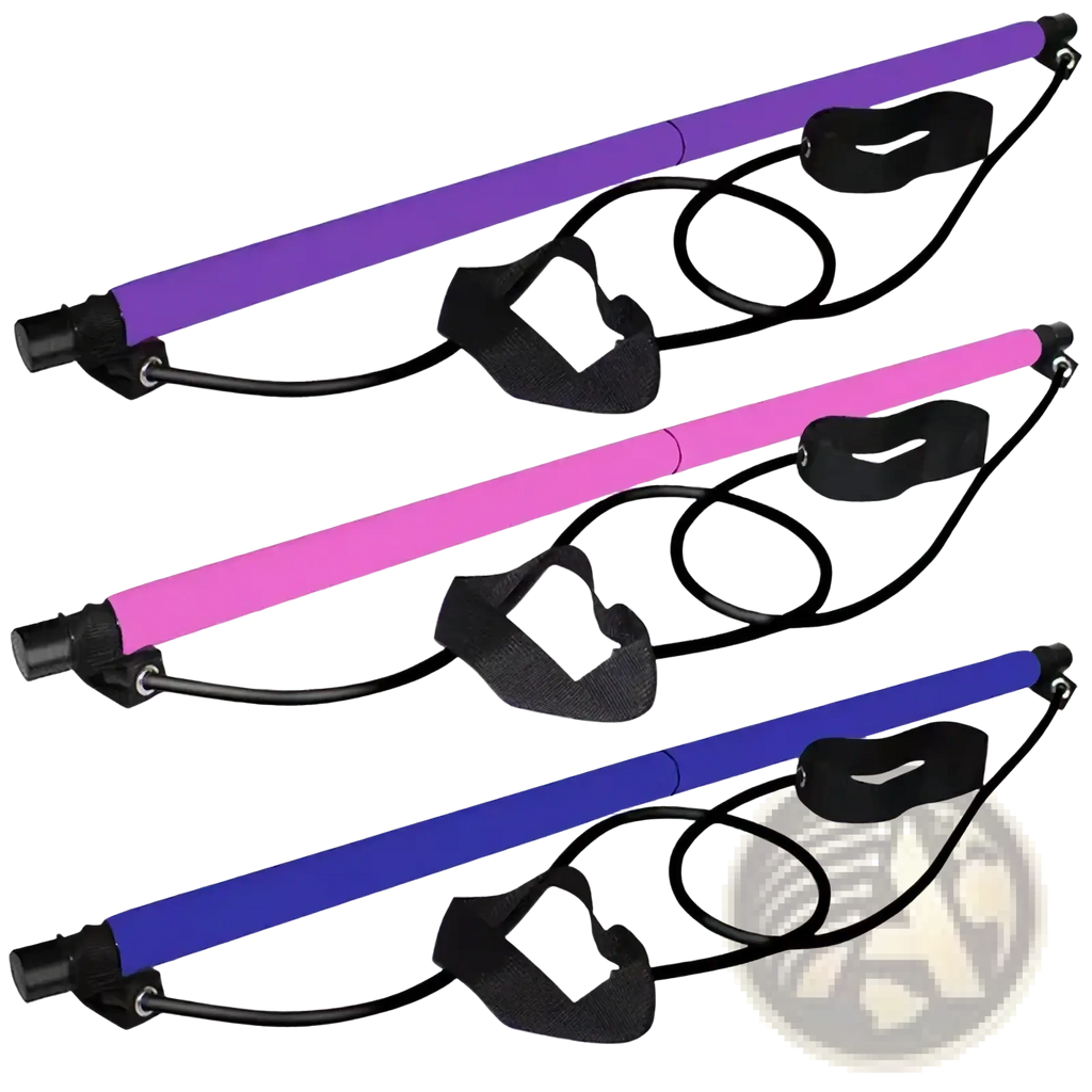 Pilates stick adjustable home workout bar set with three resistance bars featuring colorful handles and black straps