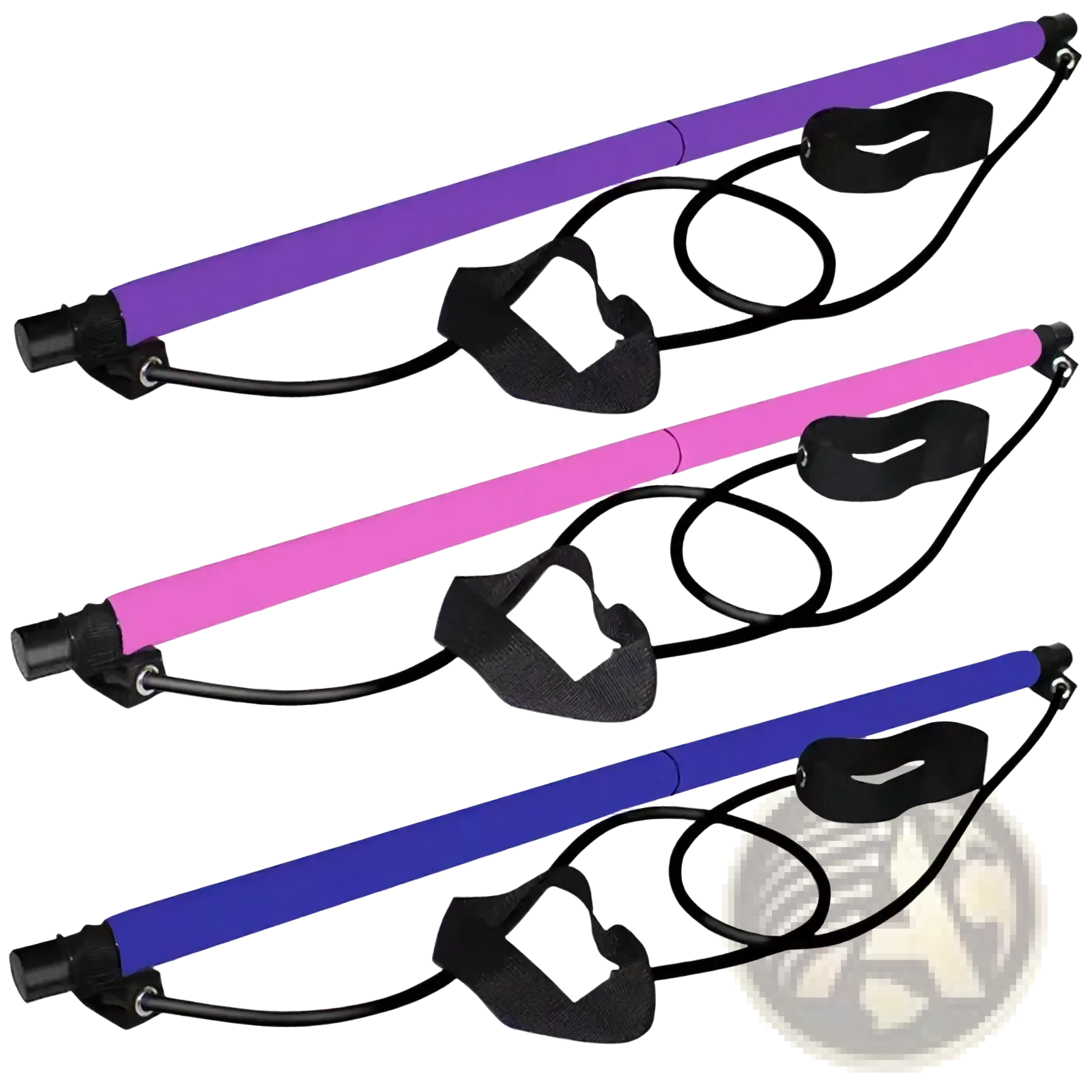Pilates stick adjustable home workout bar set with three resistance bars featuring colorful handles and black straps