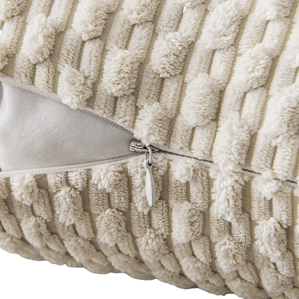 Cream textured corduroy pillow cover 45x45cm with a plush raised pattern and silver zipper for home decor