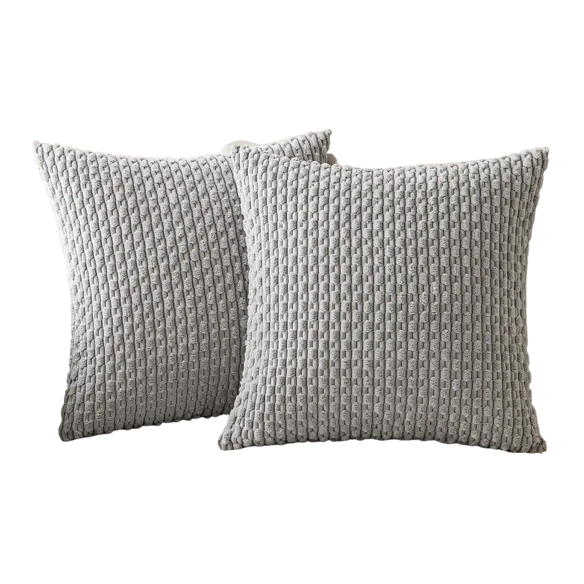 Two light gray textured knit pillow covers 45x45cm on beige sofa for stylish home decor cushion cover option
