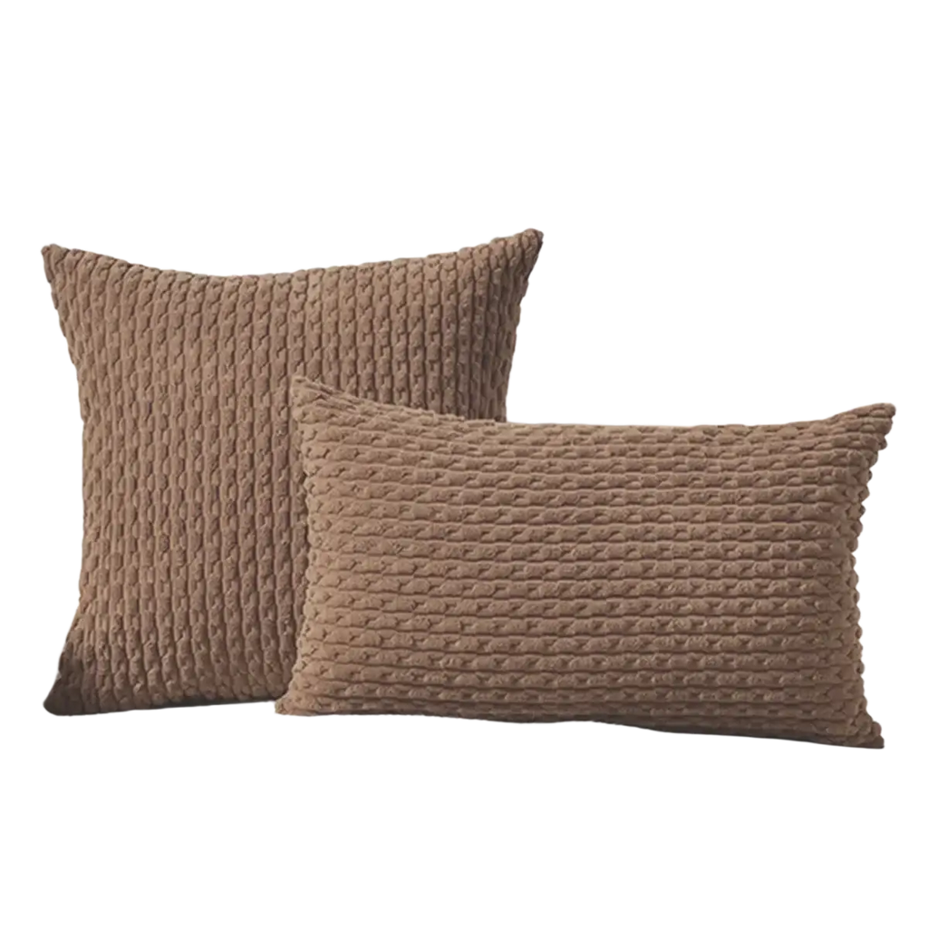 Two taupe textured corduroy pillow covers 45x45cm with woven knit pattern on white couch for home decor