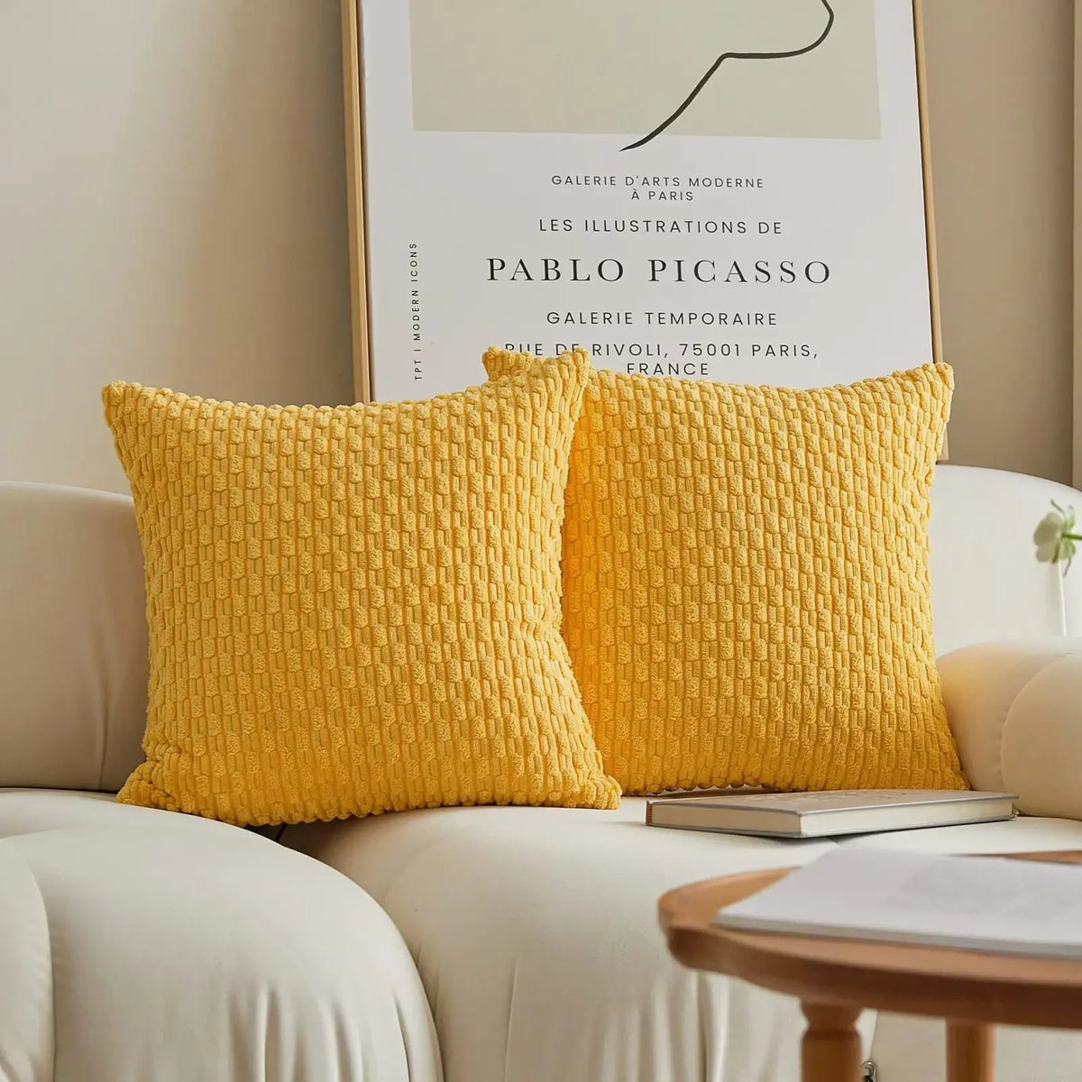 Two vibrant yellow textured corduroy pillow covers 45x45cm with woven ribbed fabric on a light sofa for home decor