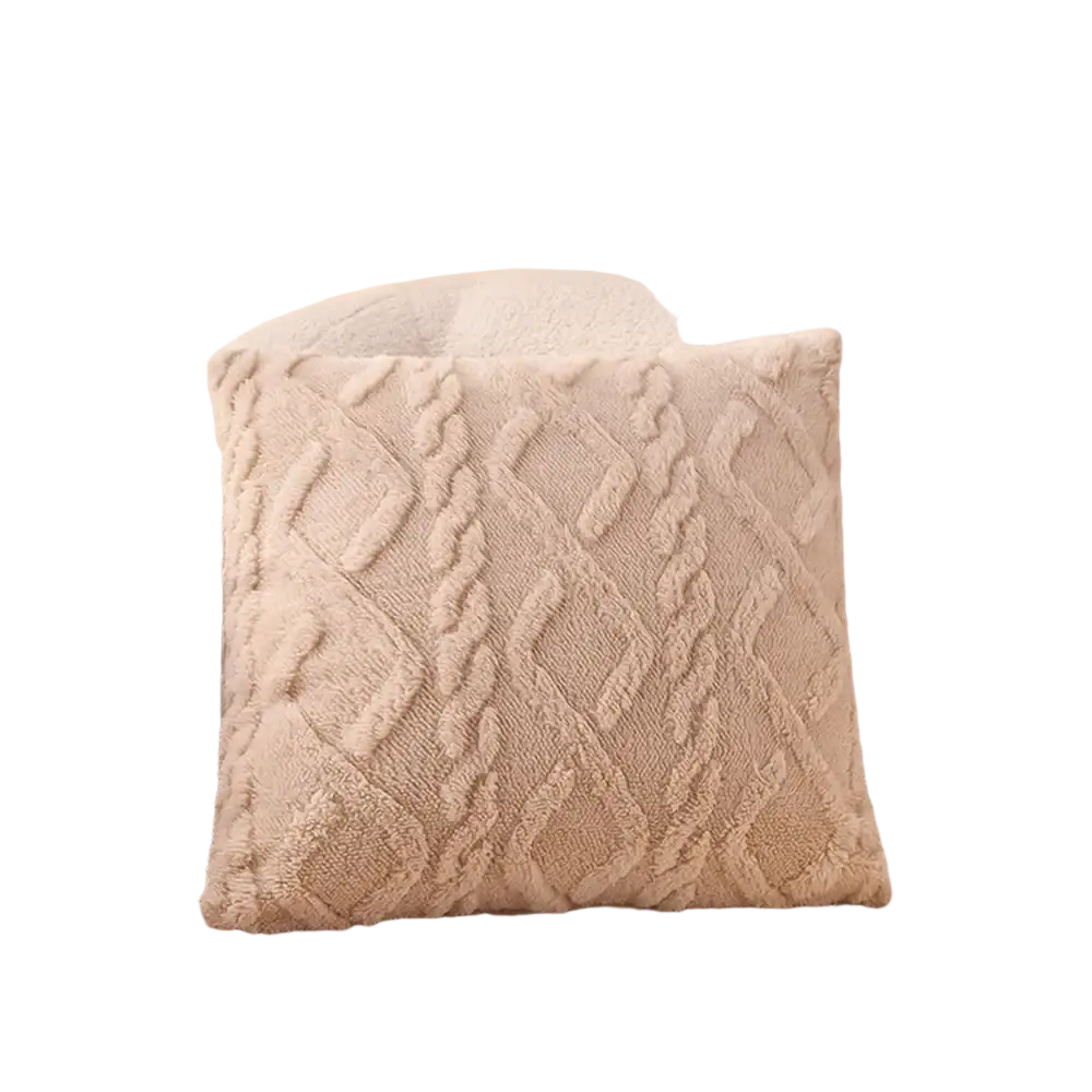 Beige pillow cover 45x45cm with textured cable-knit pattern and plush fuzzy fabric for decorative use