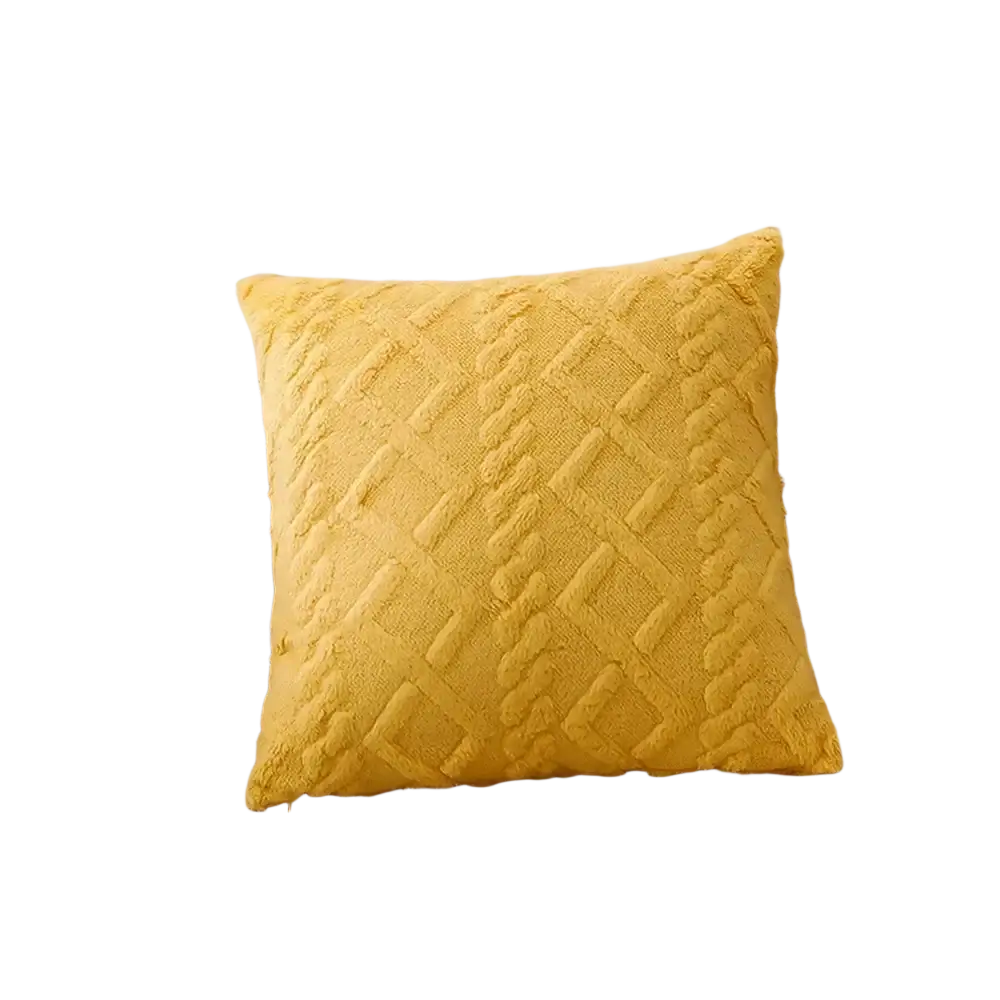 A cozy mustard yellow textured diamond pattern pillow cover in soft plush fabric for 45x45cm decorative use