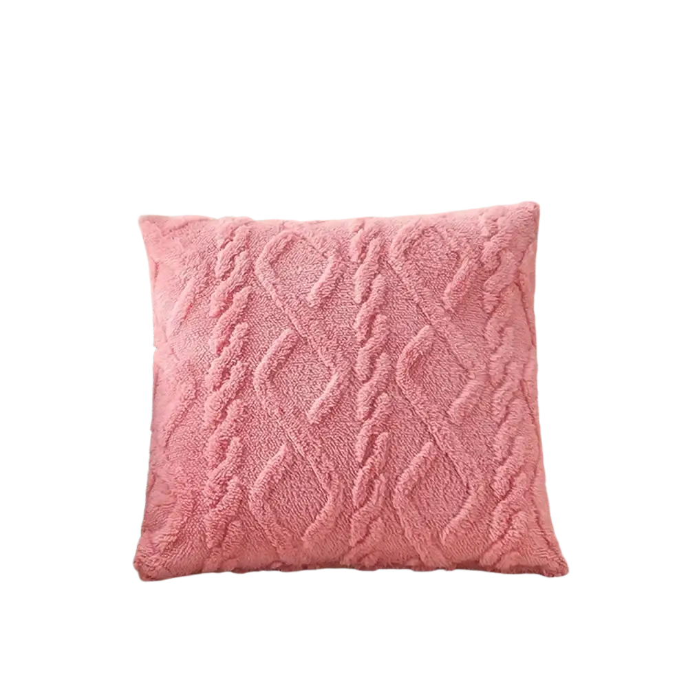 Pink plush throw pillow cover 45x45cm with a textured cable-knit pattern decorative solid square design
