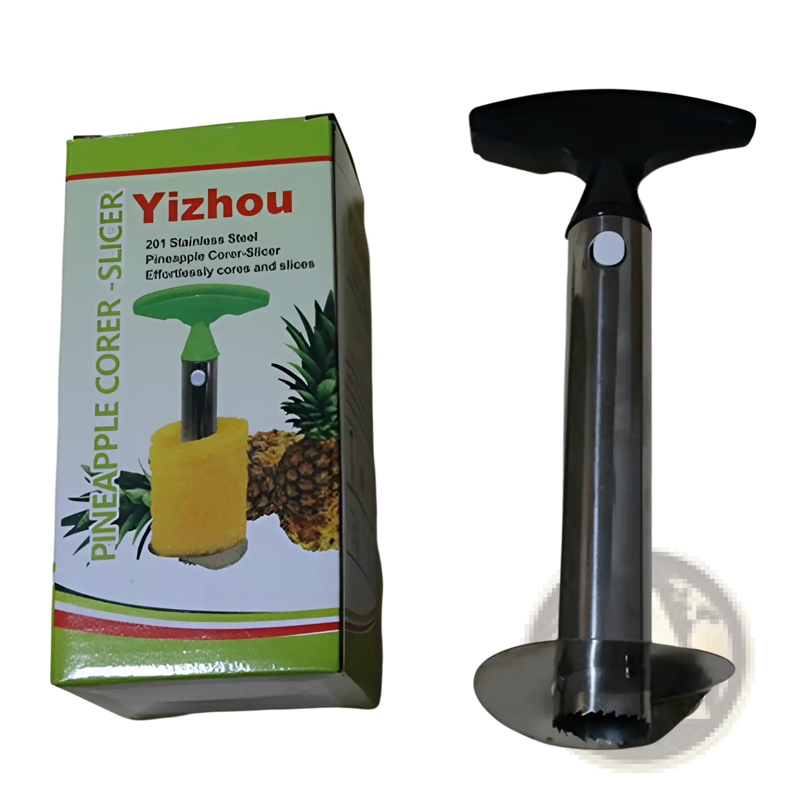 Yizhou 201 stainless steel pineapple peeler corer and slicer tool with black handle and silver metallic body