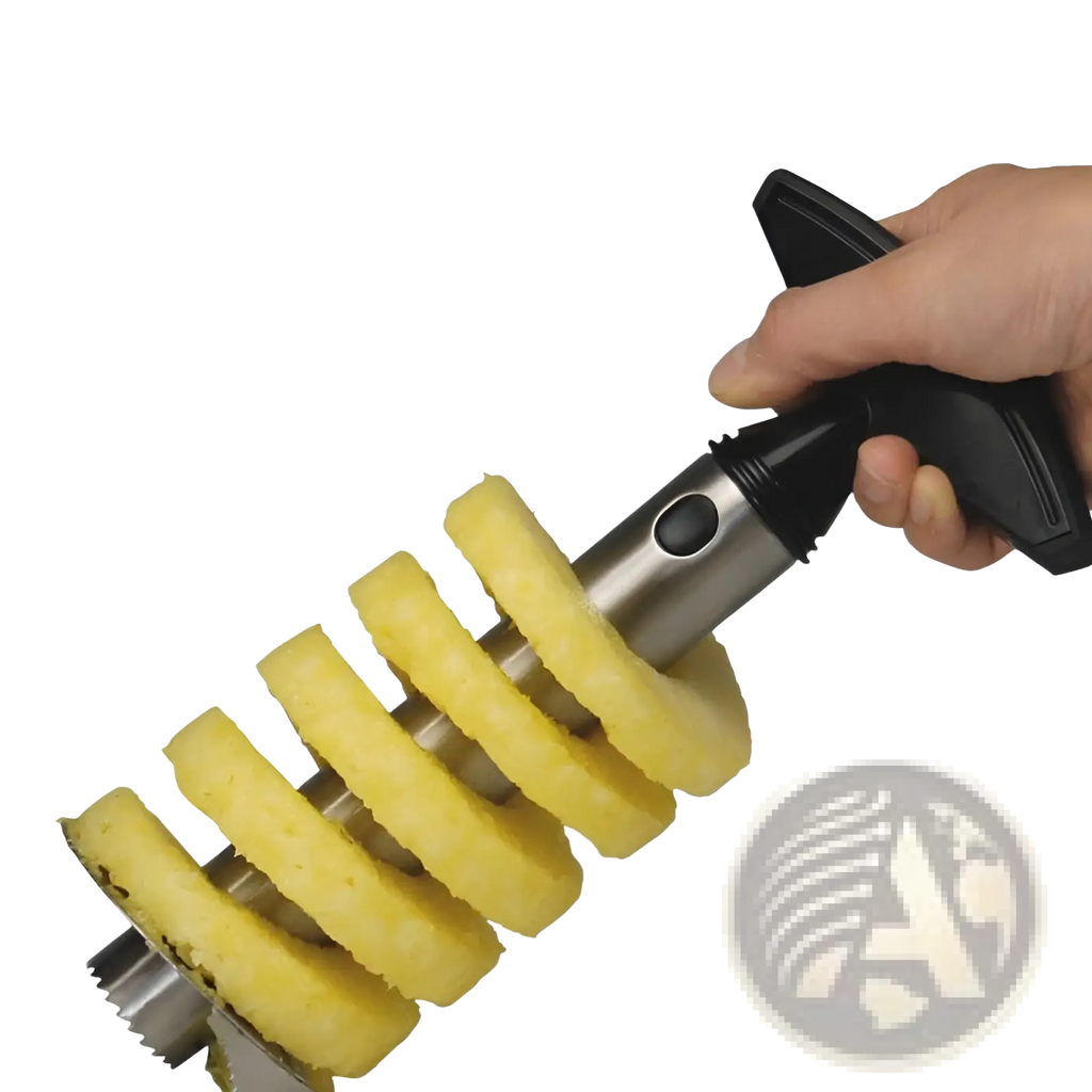 Black and stainless steel pineapple peeler corer and slicer tool with spiral design creating uniform yellow rings