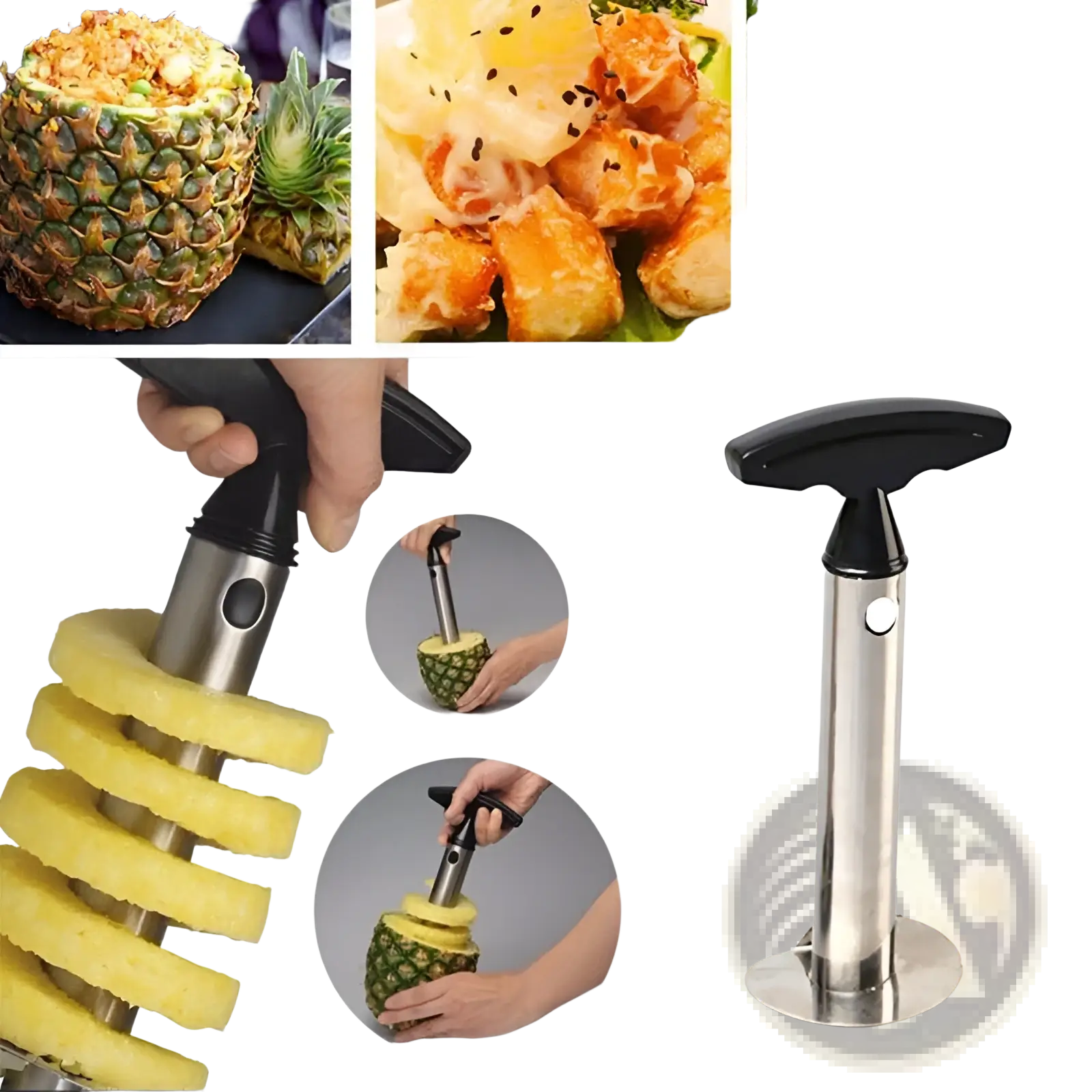 Stainless steel pineapple peeler corer and slicer with a black ergonomic handle for easy spiral slicing