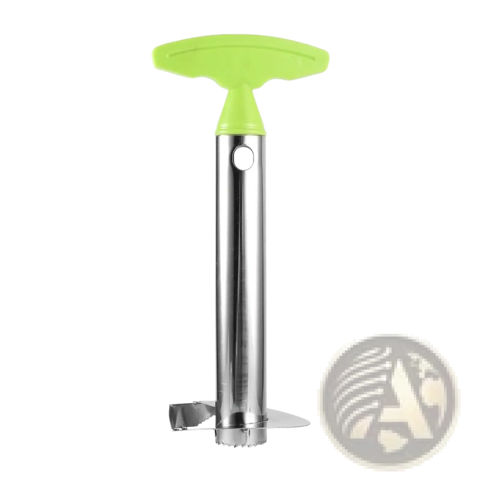 Bright green handle atop stainless steel pineapple peeler corer and slicer with serrated cutting base