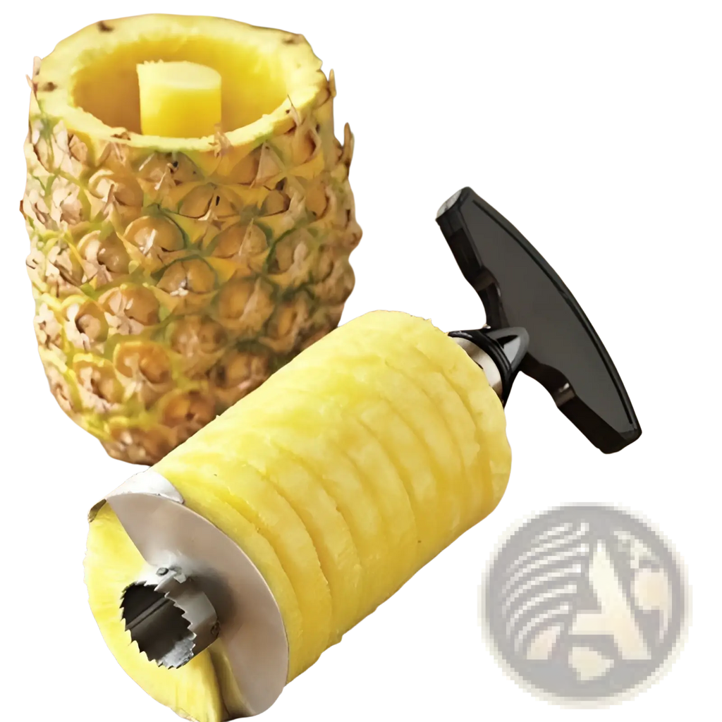 Yellow pineapple peeler with black handle and stainless steel corer and slicer tool for easy fruit preparation