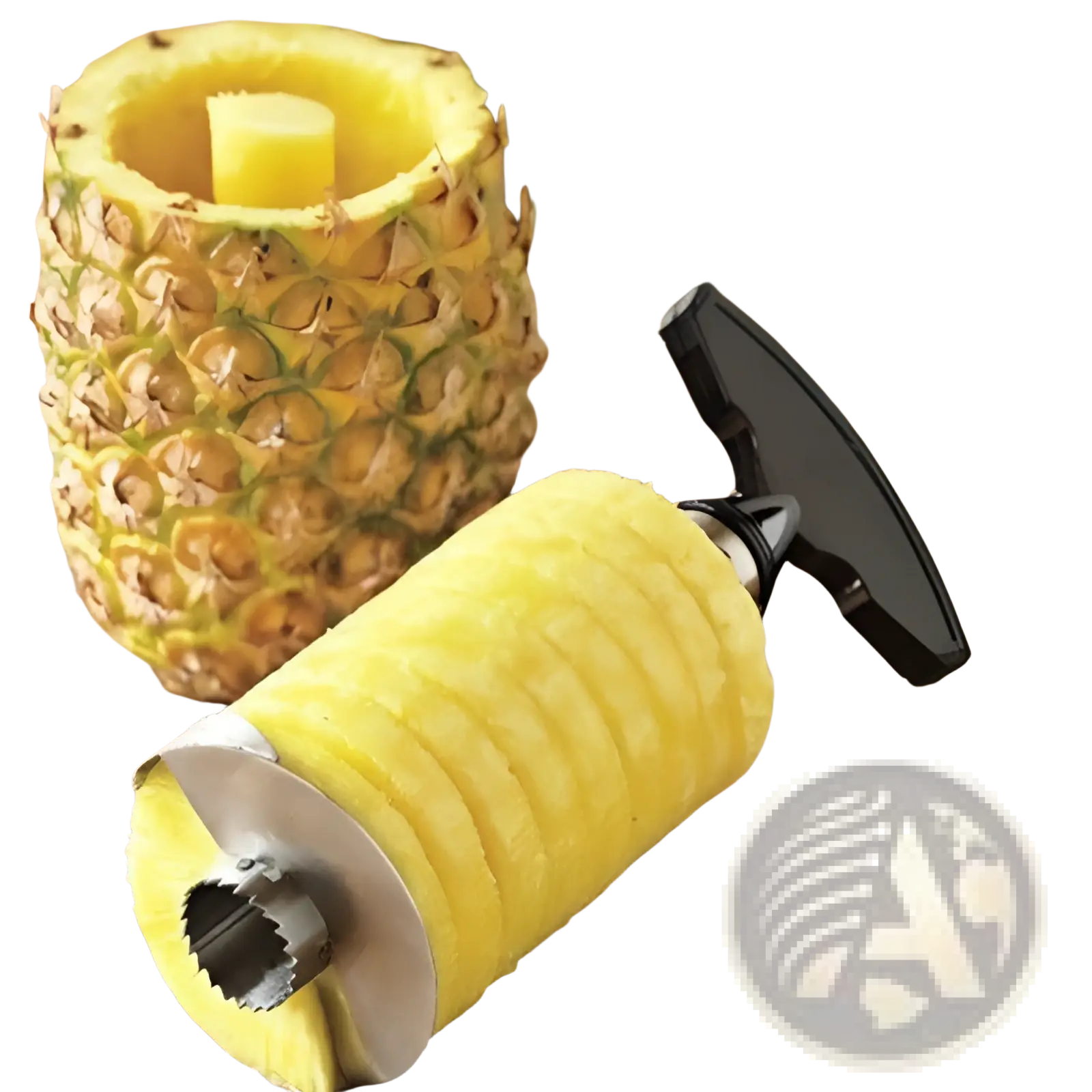 Yellow pineapple peeler with black handle and stainless steel corer and slicer tool for easy fruit preparation