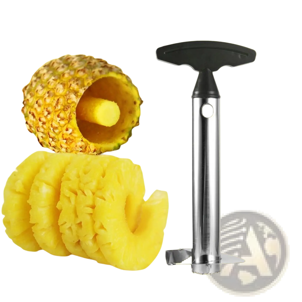 Stainless steel pineapple peeler corer and slicer tool with black ergonomic handle for easy fruit preparation
