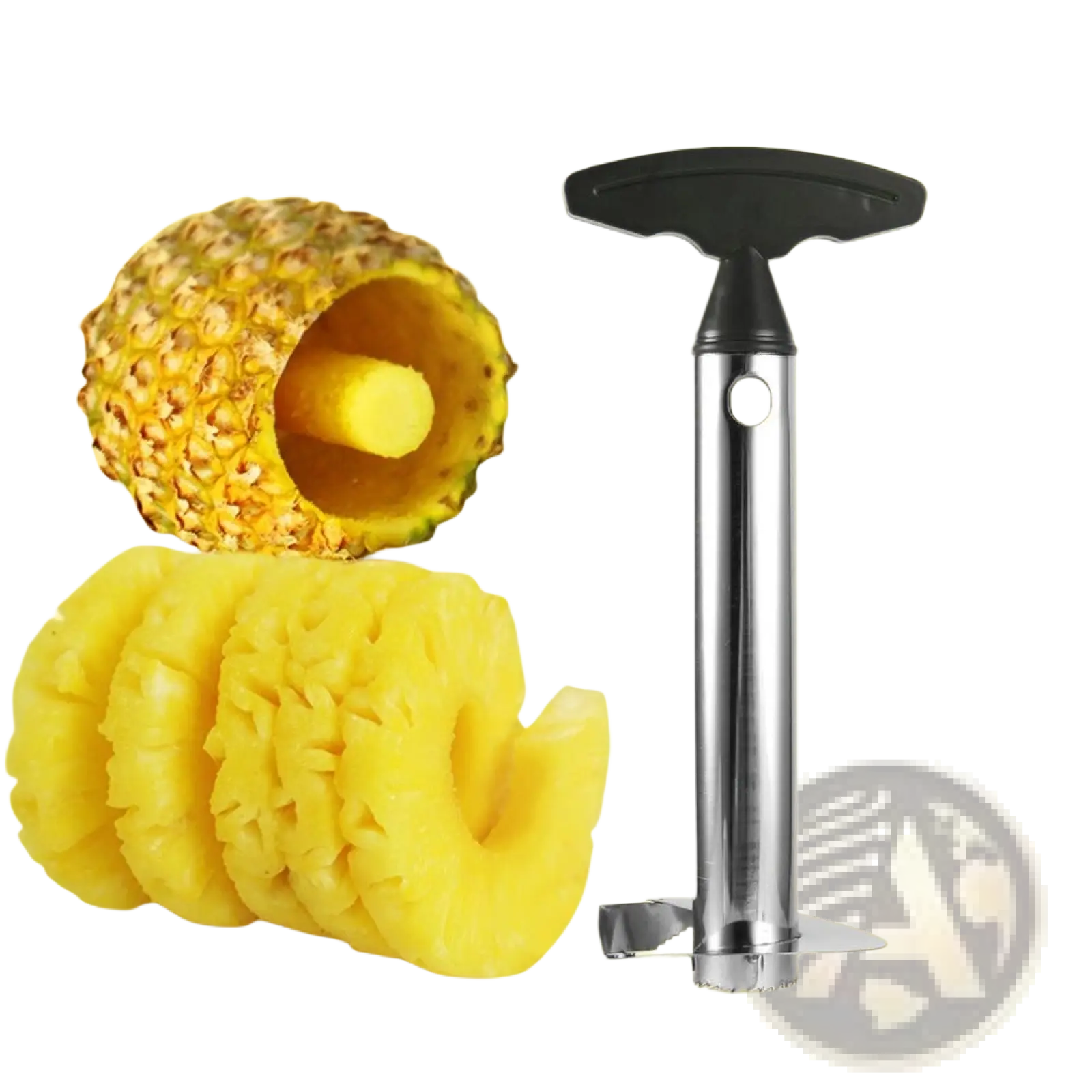 Stainless steel pineapple peeler corer and slicer tool with black ergonomic handle for easy fruit preparation