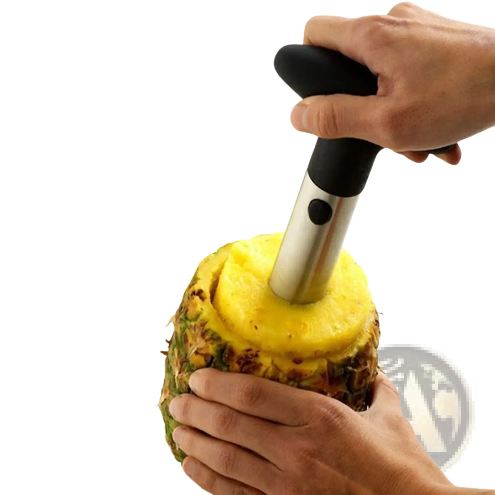 Silver and black stainless steel pineapple peeler corer and slicer tool with ergonomic handle for easy use