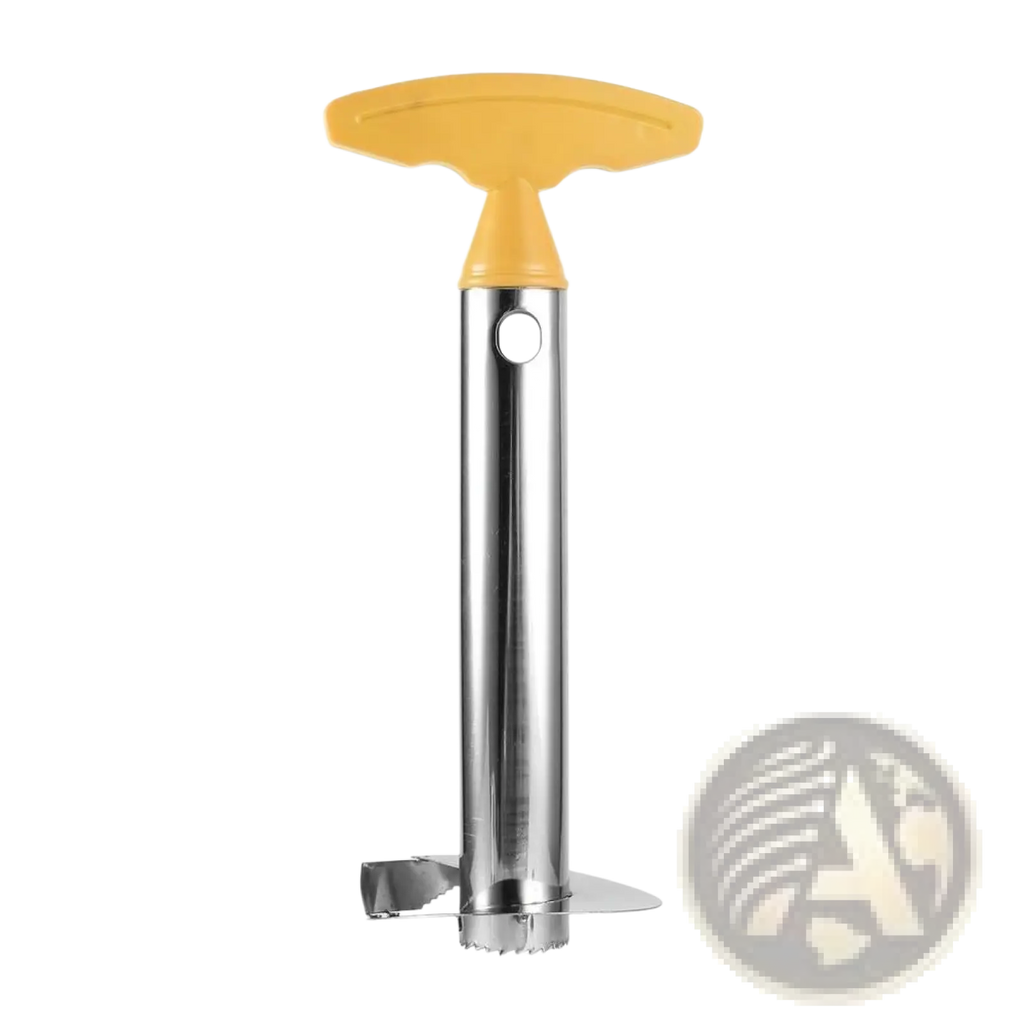 Yellow-handled stainless steel pineapple peeler corer and slicer tool with serrated cutting blade for easy fruit preparation
