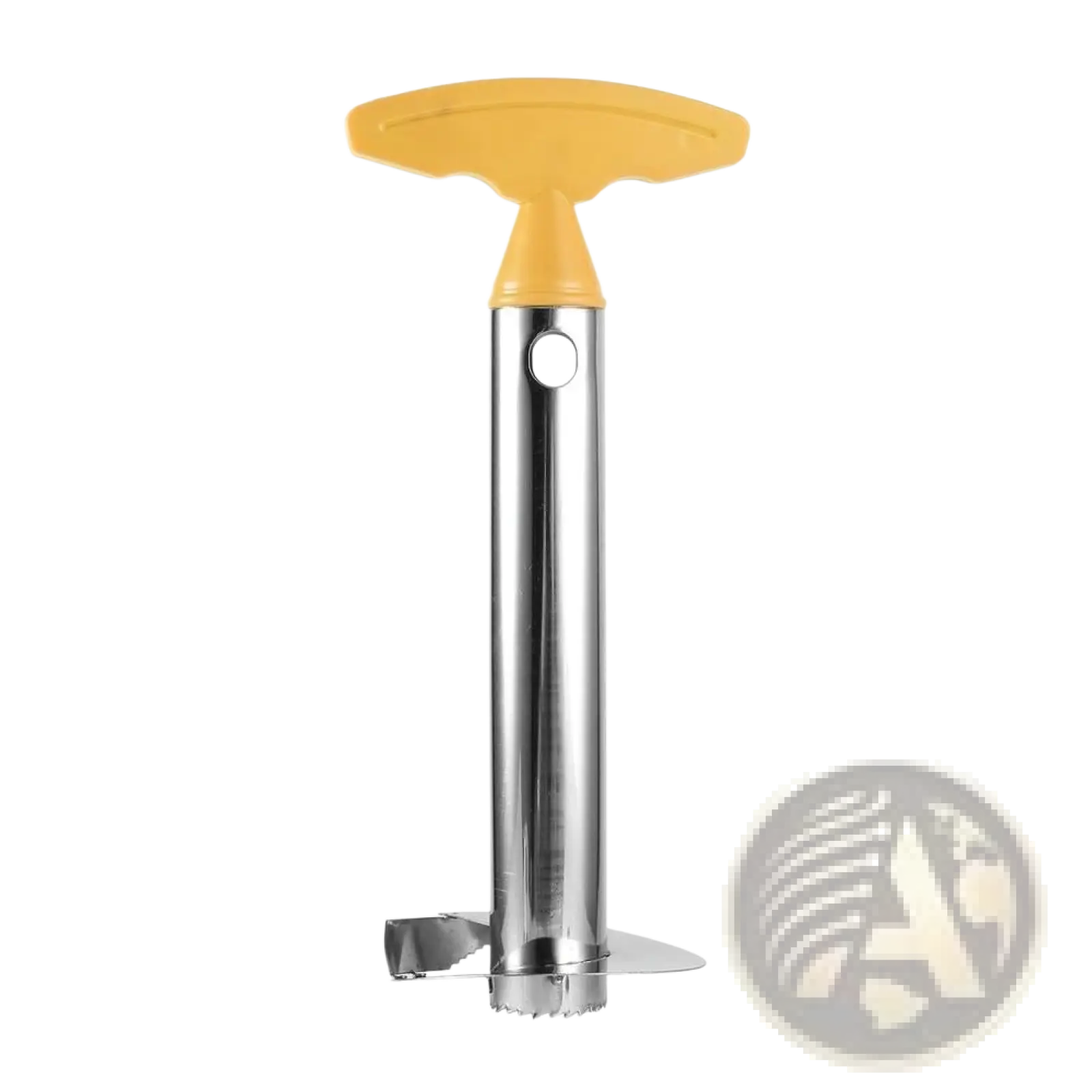 Yellow-handled stainless steel pineapple peeler corer and slicer tool with serrated cutting blade for easy fruit preparation