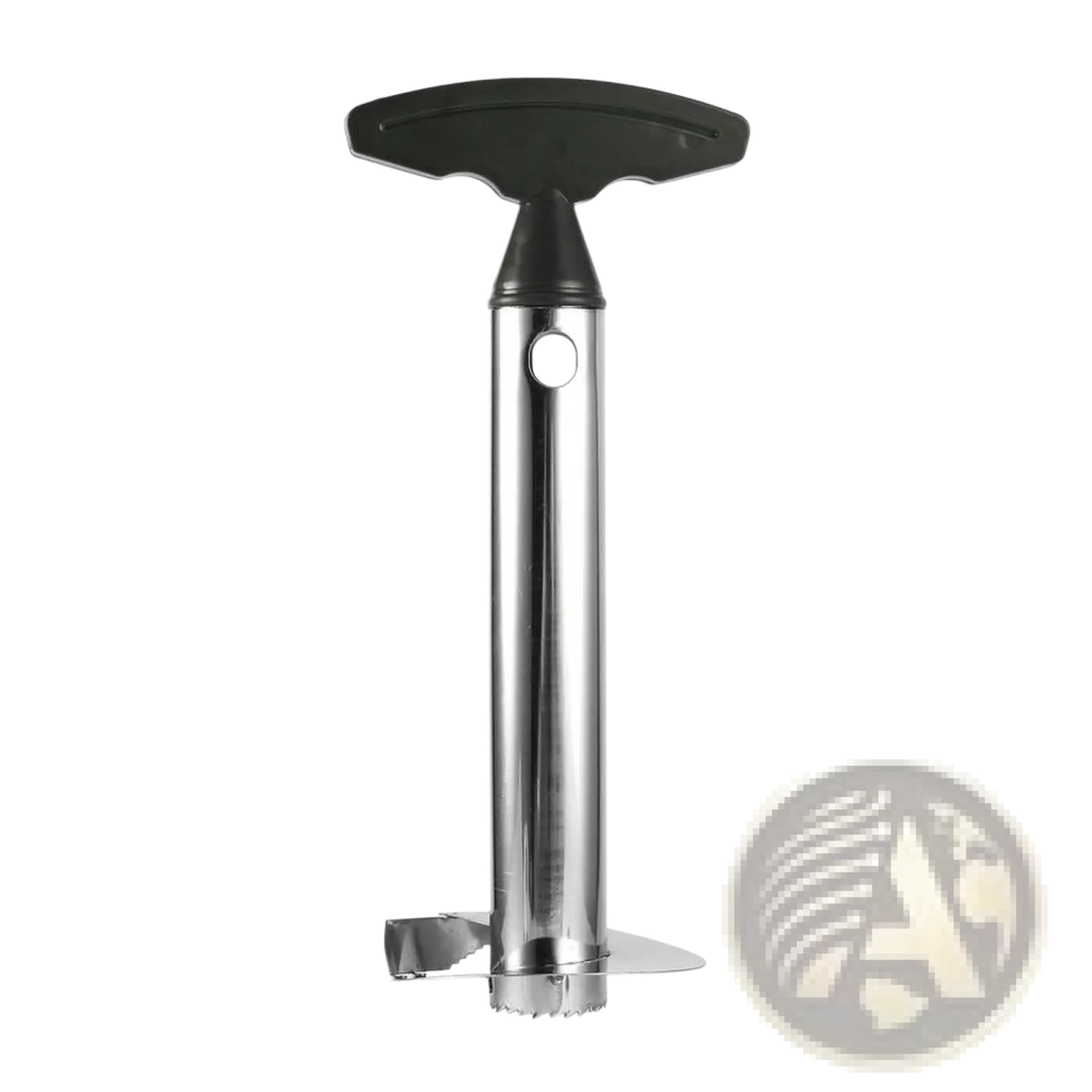 Stainless steel pineapple peeler corer and slicer with black t-shaped handle and serrated cutting blade