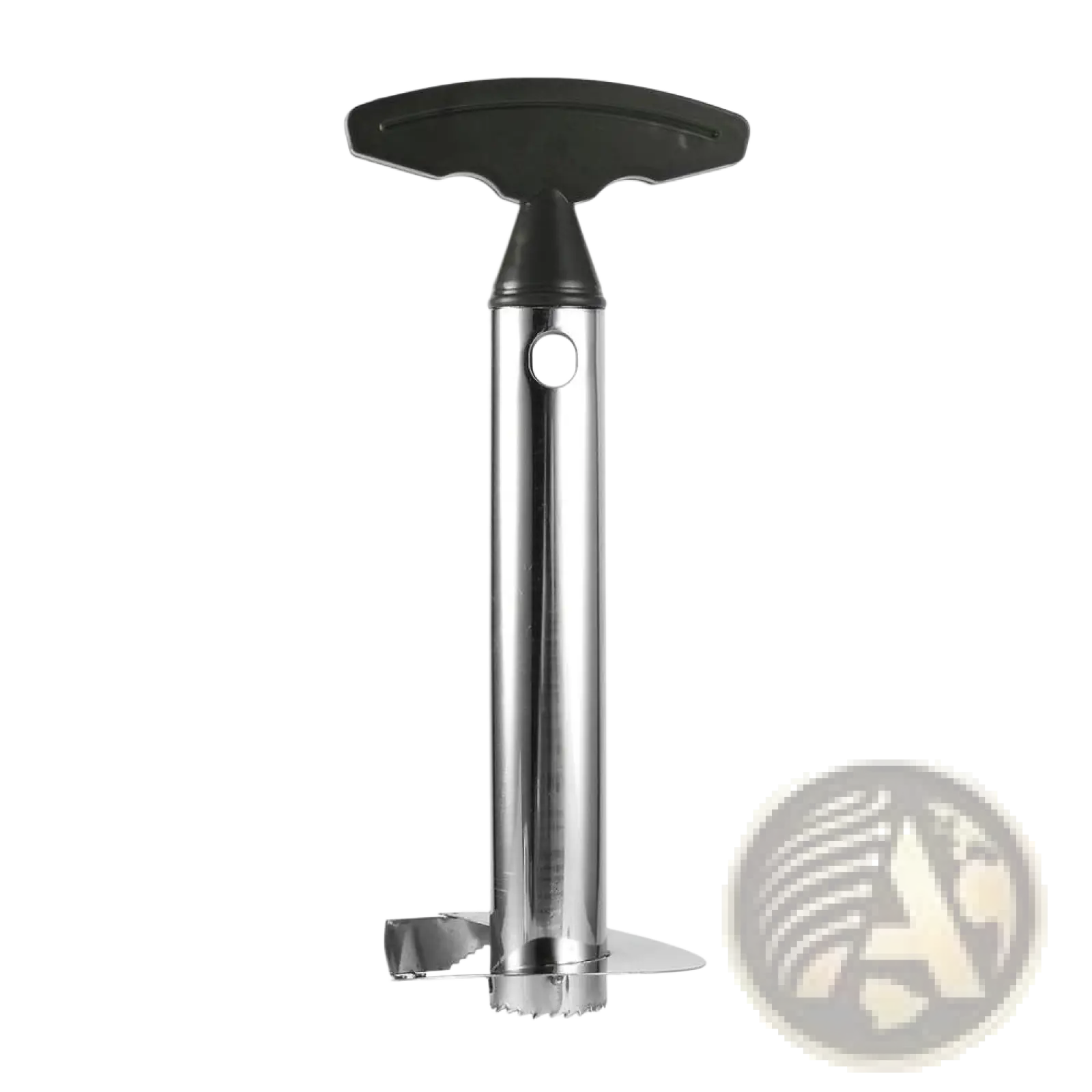 Stainless steel pineapple peeler corer and slicer with black t-shaped handle and serrated cutting blade