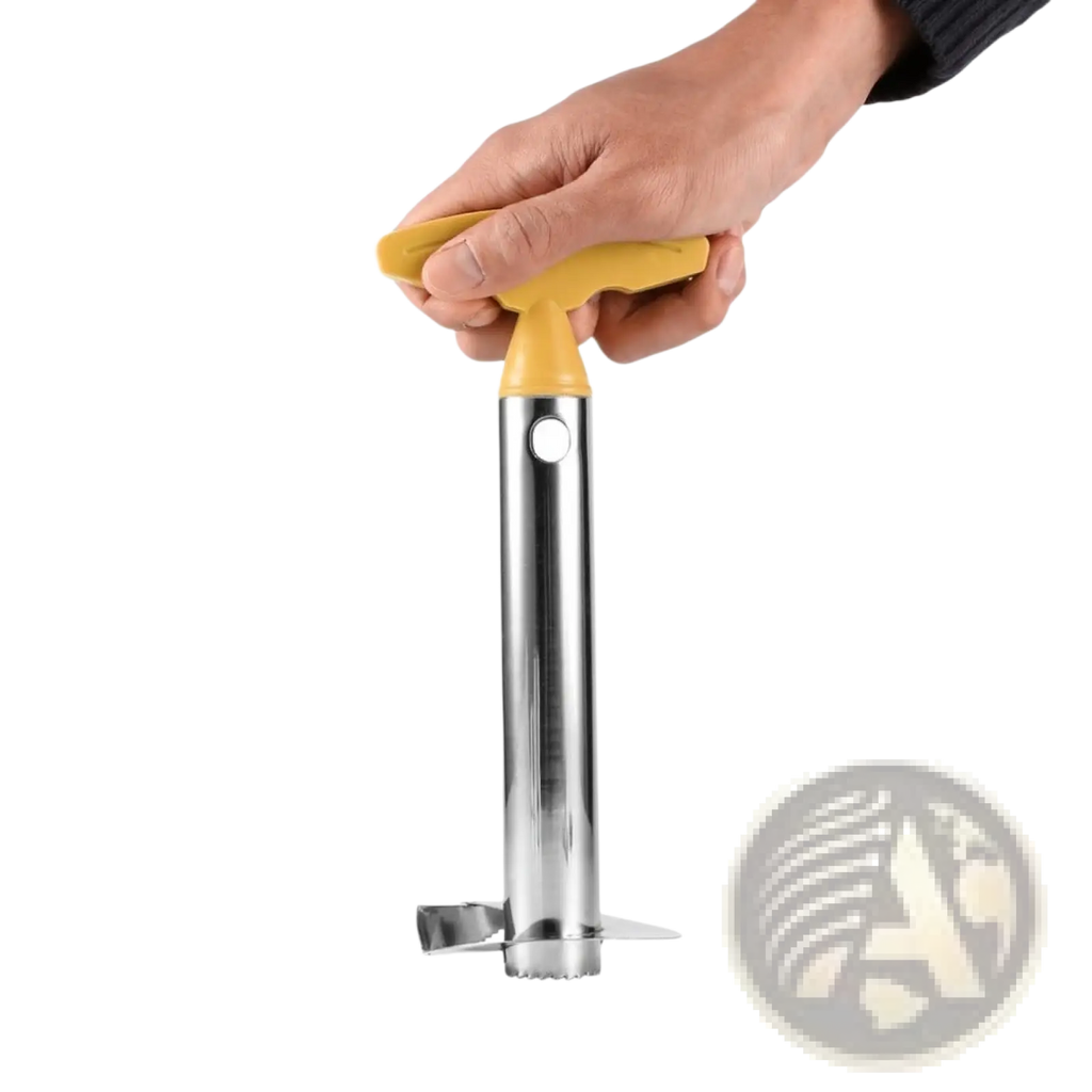 A sleek stainless steel pineapple peeler corer and slicer with a bright yellow plastic handle and serrated base