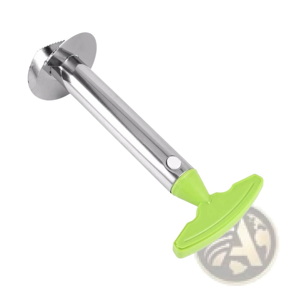 Pineapple peeler stainless steel corer and slicer tool with bright green plastic handle and serrated stainless steel cutting head