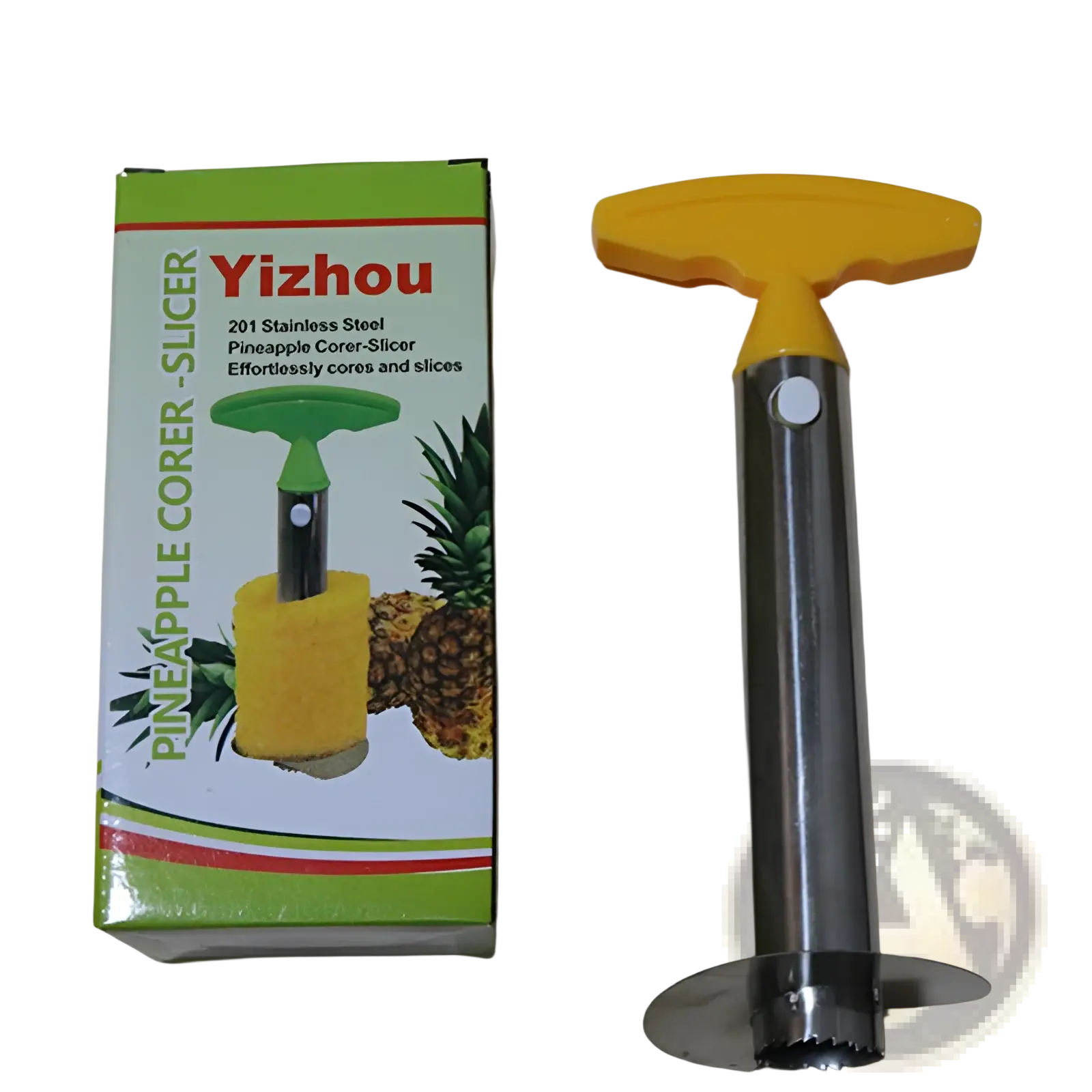 Yellow-handled stainless steel pineapple peeler corer and slicer with circular cutting blade for easy fruit preparation
