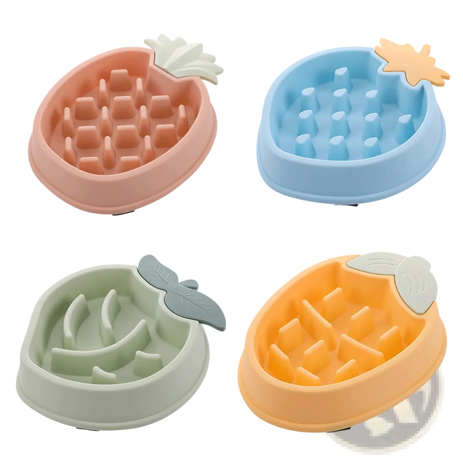 Four colorful pastel pineapple slow feeder dog bowls in plastic with molded leaf tops for pet feeding