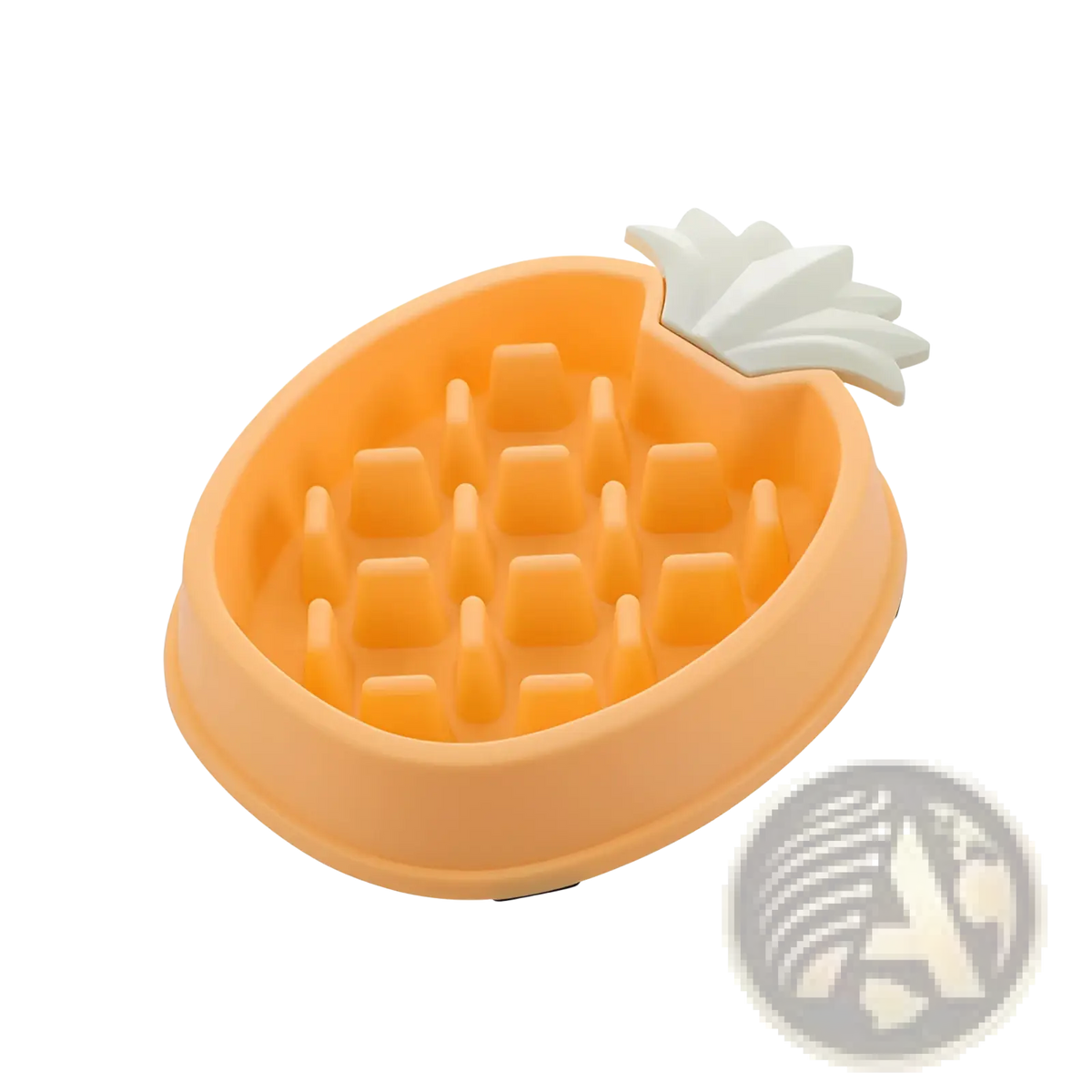 Orange plastic pineapple slow feeder dog bowl with white leafy top designed as a pet feeding dish
