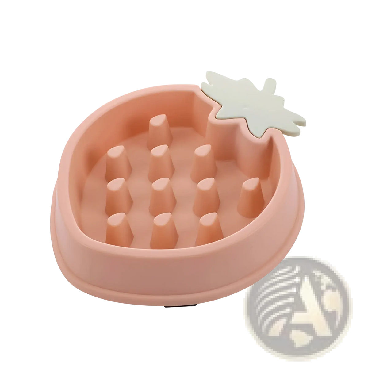 Pink strawberry-shaped slow feeder dog bowl with white leaf accent made of plastic for slow feeding pets
