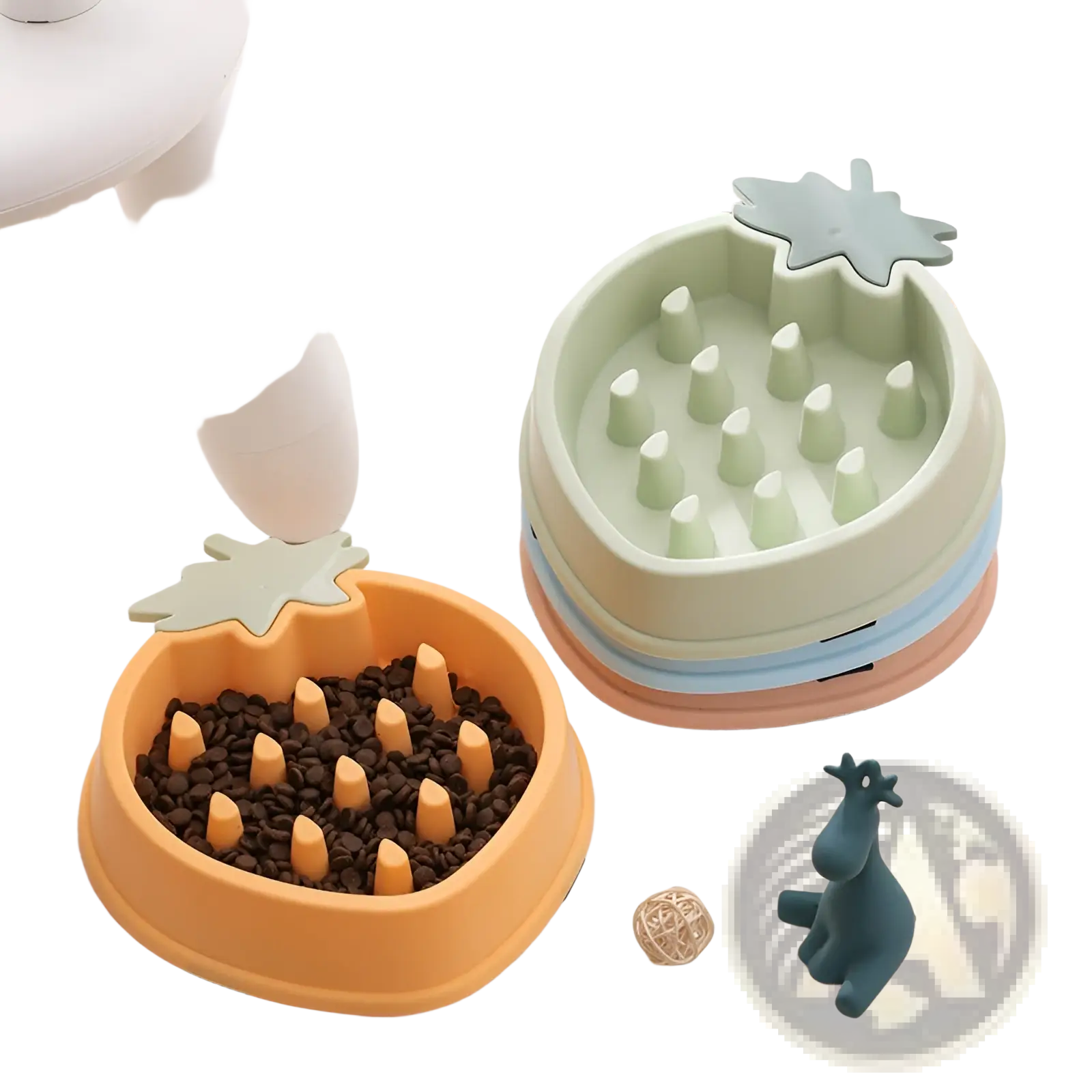 Orange pineapple-shaped slow feeder dog bowl made of plastic filled with kibble for pet feeding