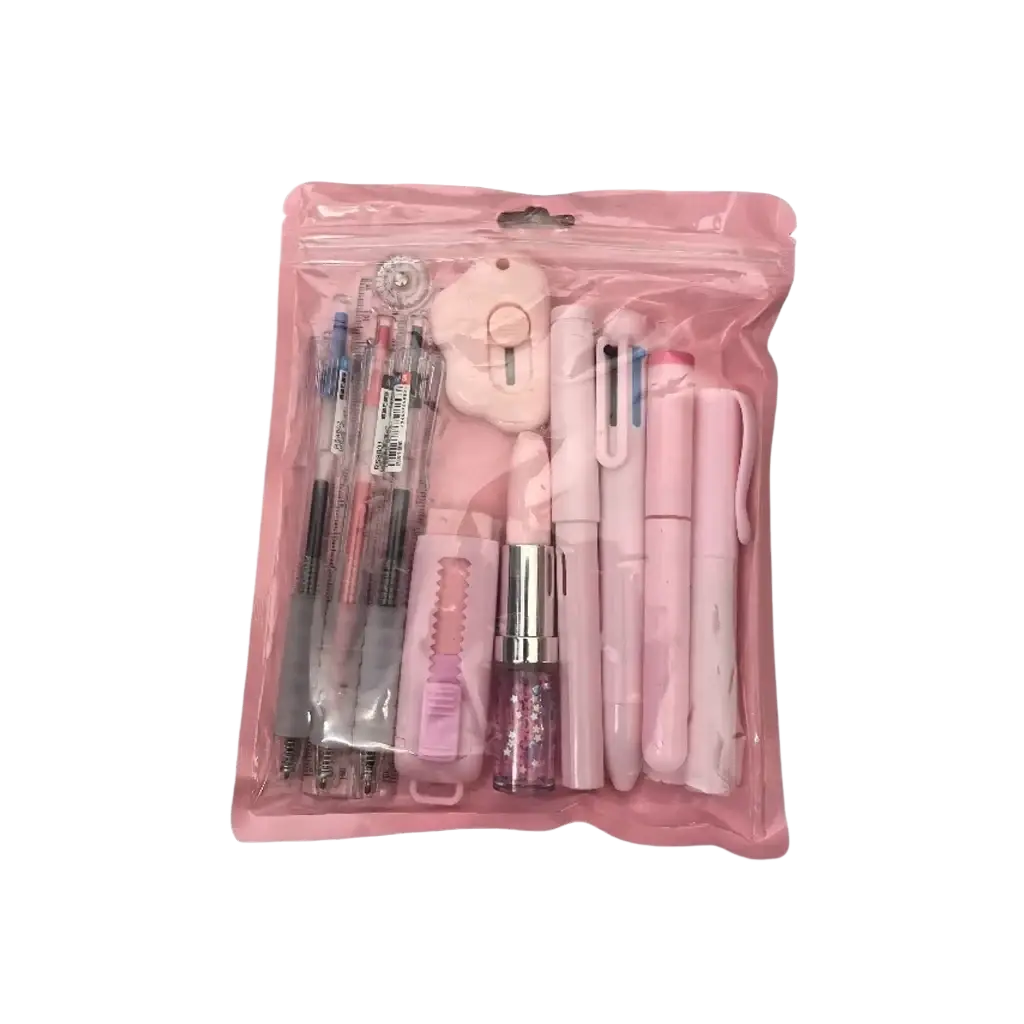 Pink 11 piece student stationery set featuring pens pencils and a small flower shaped eraser in a clear plastic bag
