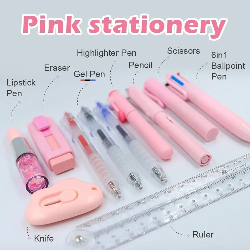 Pink 11 piece student stationery set featuring pink lipstick pen gel pens highlighters pencils scissors and writing tools
