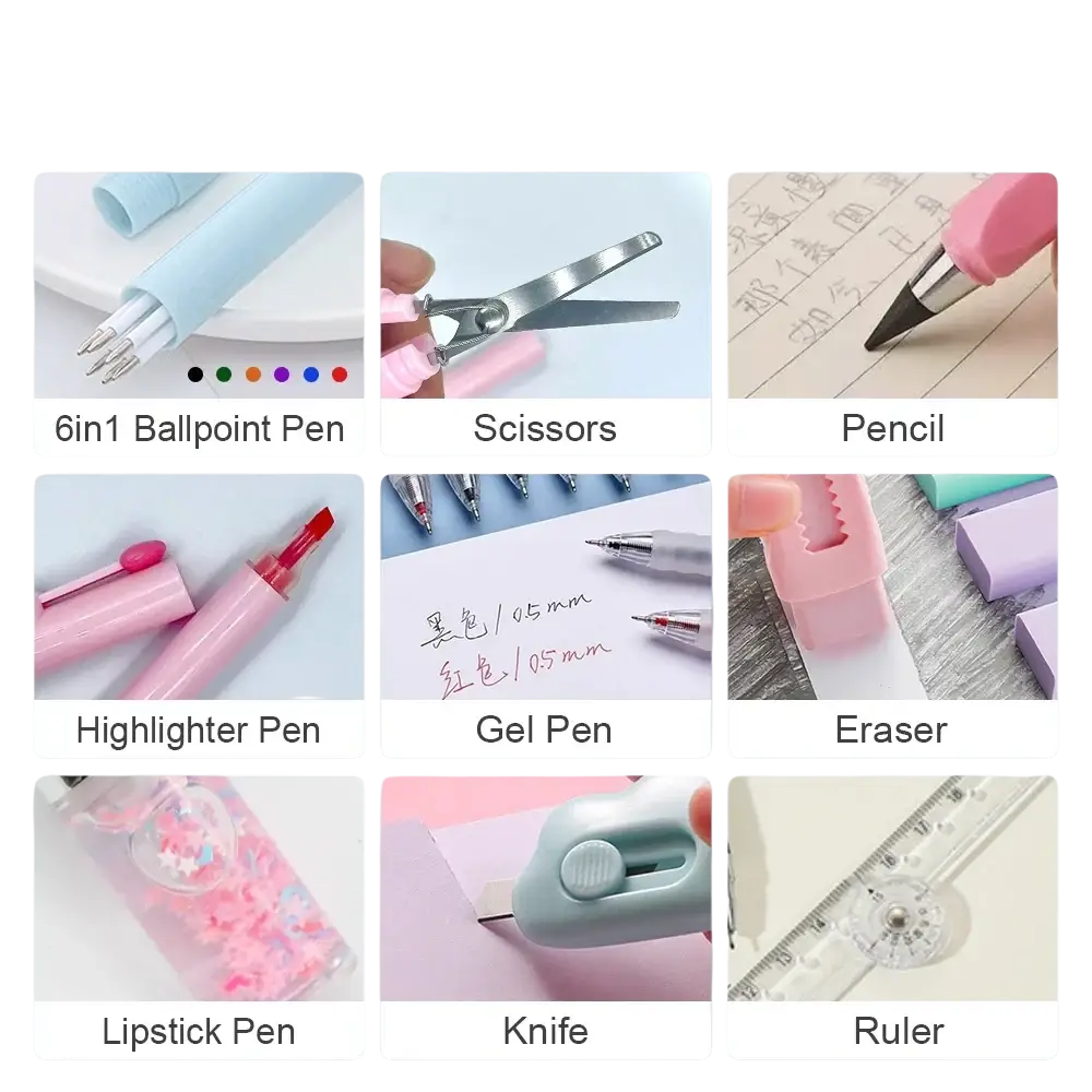 Pink highlighter pen with rounded cap and translucent barrel included in pink 11 piece student stationery set