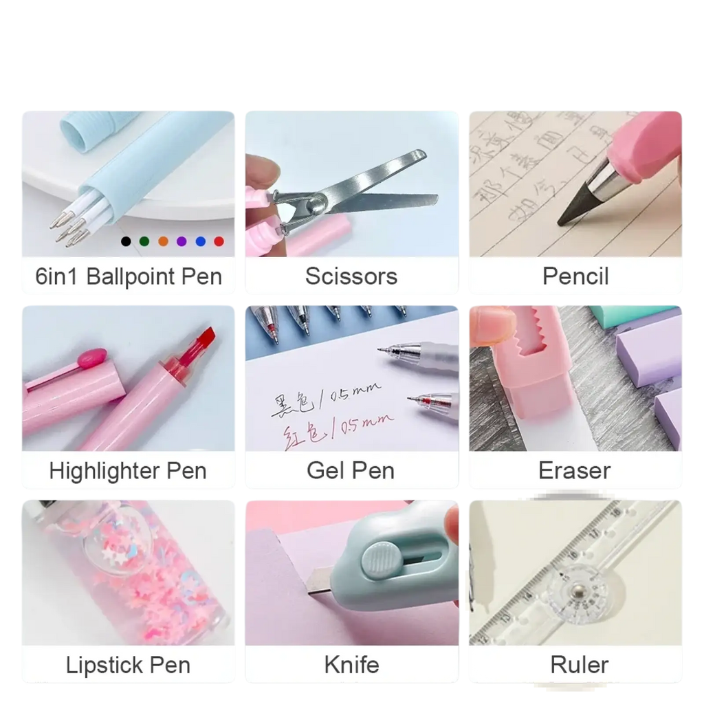 Pink highlighter pen with rounded cap and translucent barrel included in pink 11 piece student stationery set