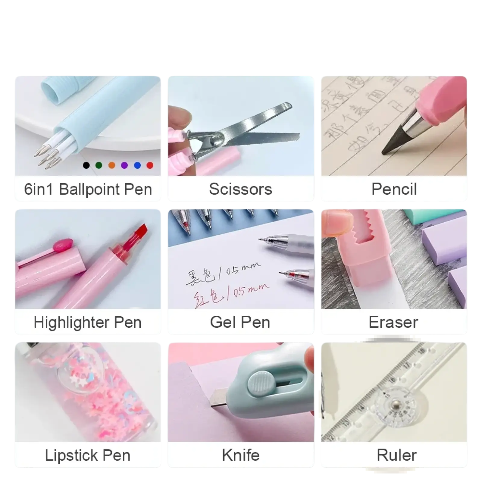 Pink highlighter pen with rounded cap and translucent barrel included in pink 11 piece student stationery set