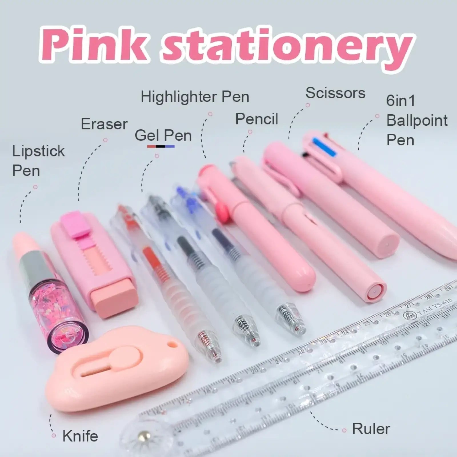 Pink 11 piece student stationery set featuring pink lipstick pen gel pens highlighters pencils scissors and writing tools