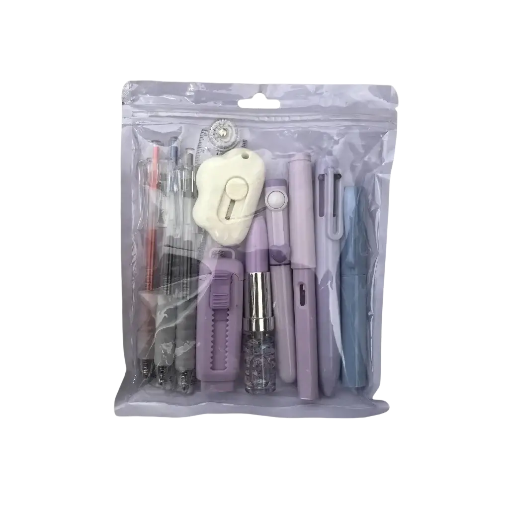 Pink 11 piece student stationery set in pastel lavender and light blue with pens scissors ruler in clear plastic bag