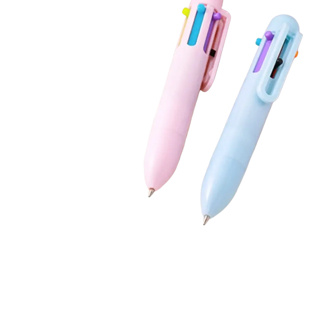 Pastel pink and light blue ballpoint pens with colorful ink cartridges in translucent barrels from pink 11 piece student stationery set