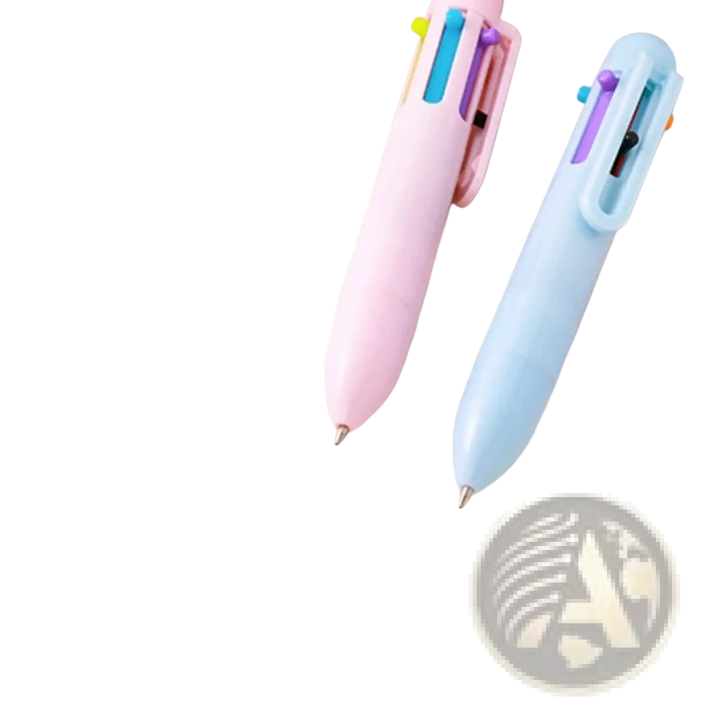 Pastel pink and light blue ballpoint pens with colorful ink cartridges in translucent barrels from pink 11 piece student stationery set