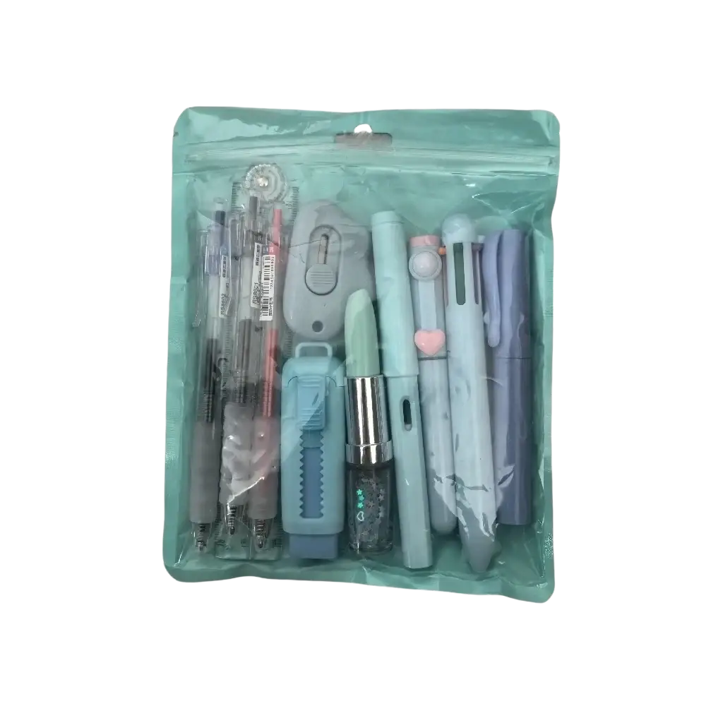 Pink 11 piece student stationery set with a pastel mint-green plastic pouch filled with assorted pens and paper cutter