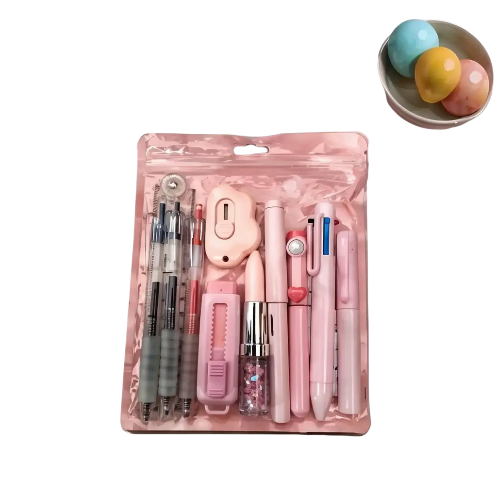 Pink 11 piece student stationery set featuring a pink plastic kit with pens eraser and accessories for school use