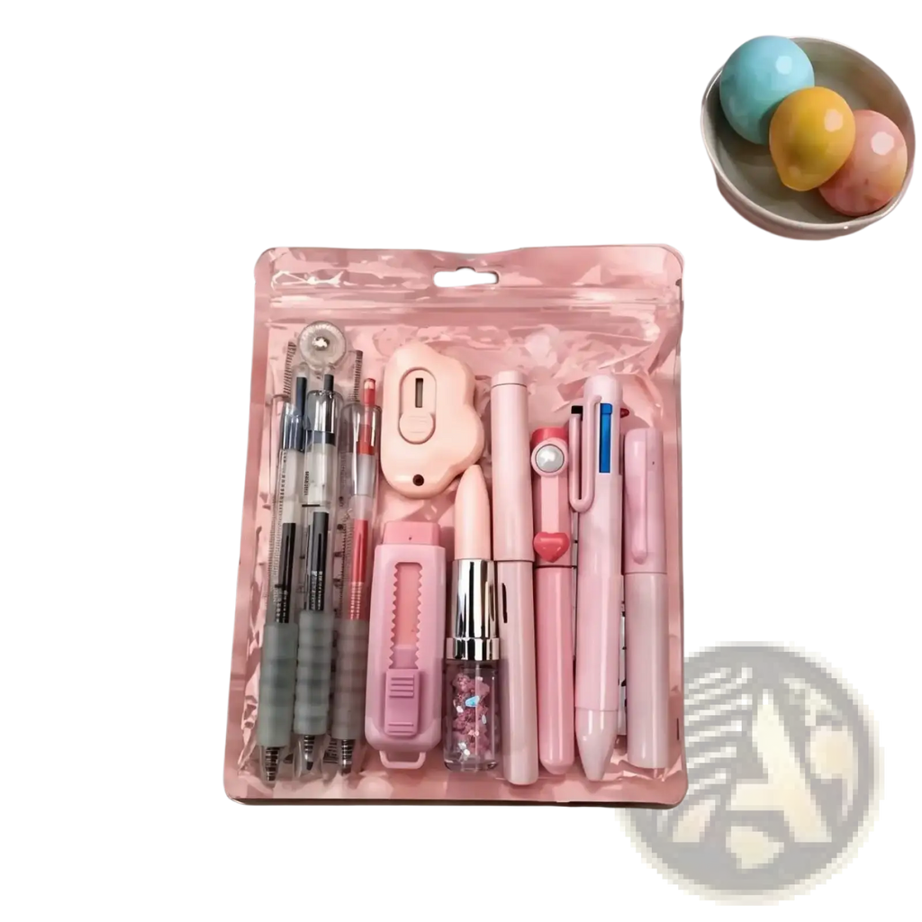 Pink 11 piece student stationery set featuring a pink plastic kit with pens eraser and accessories for school use
