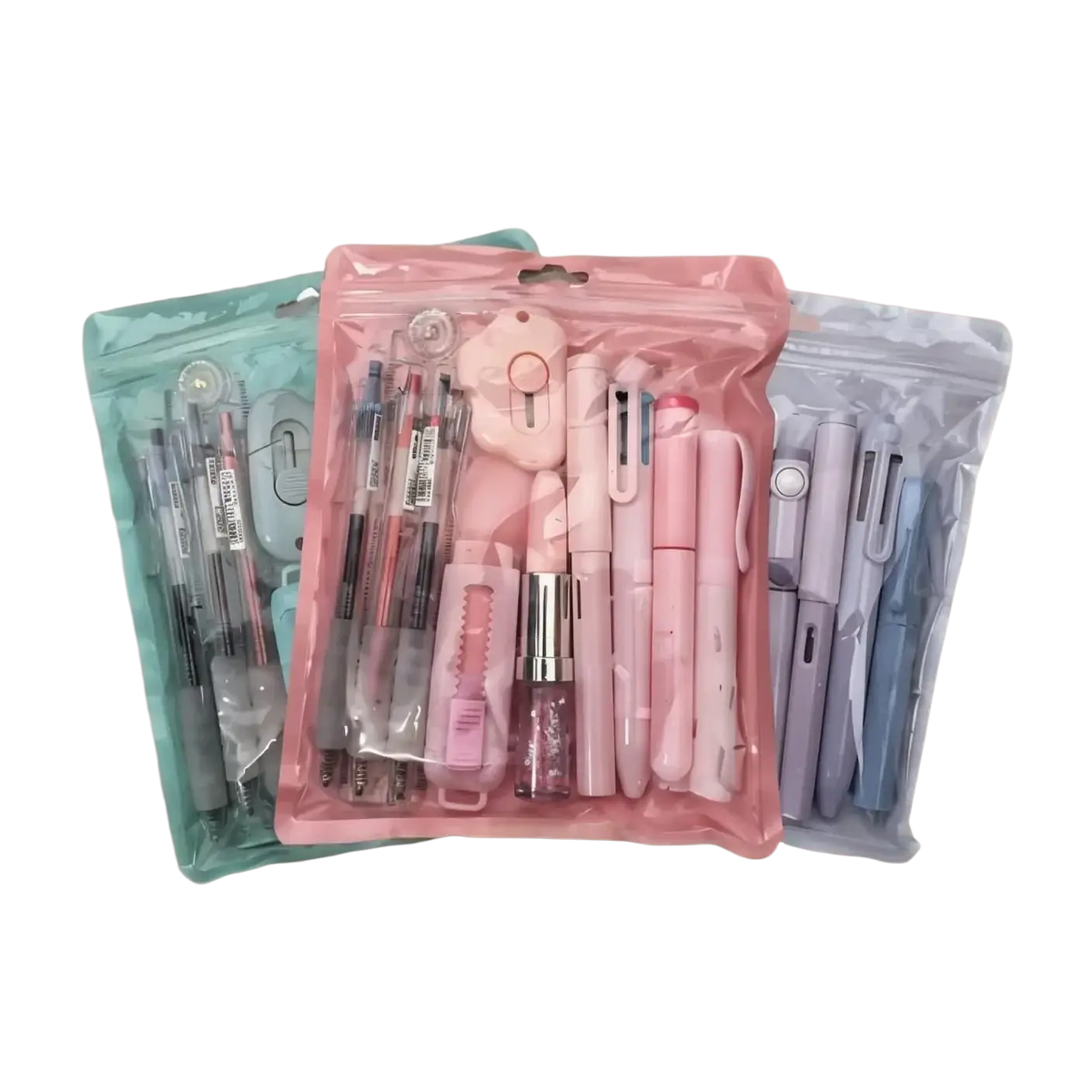 Pink plastic pouch filled with 11 piece student stationery set including pens eraser clip and glittery lipstick tube