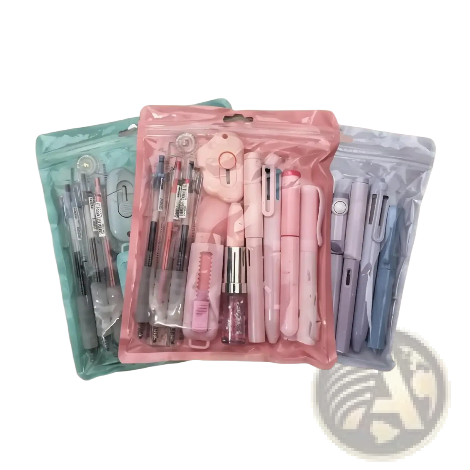 Pink plastic pouch filled with 11 piece student stationery set including pens eraser clip and glittery lipstick tube