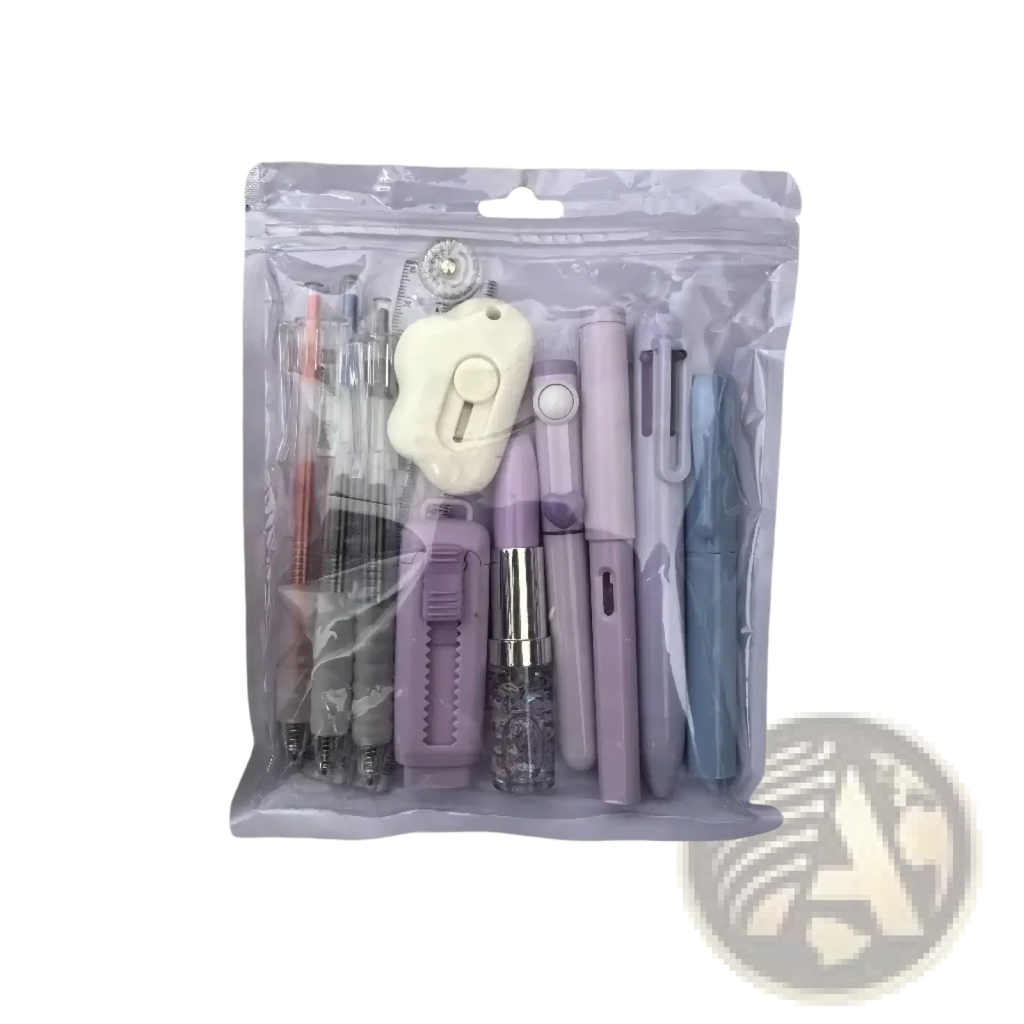 Pink 11 piece student stationery set in pastel lavender and light blue with pens scissors ruler in clear plastic bag
