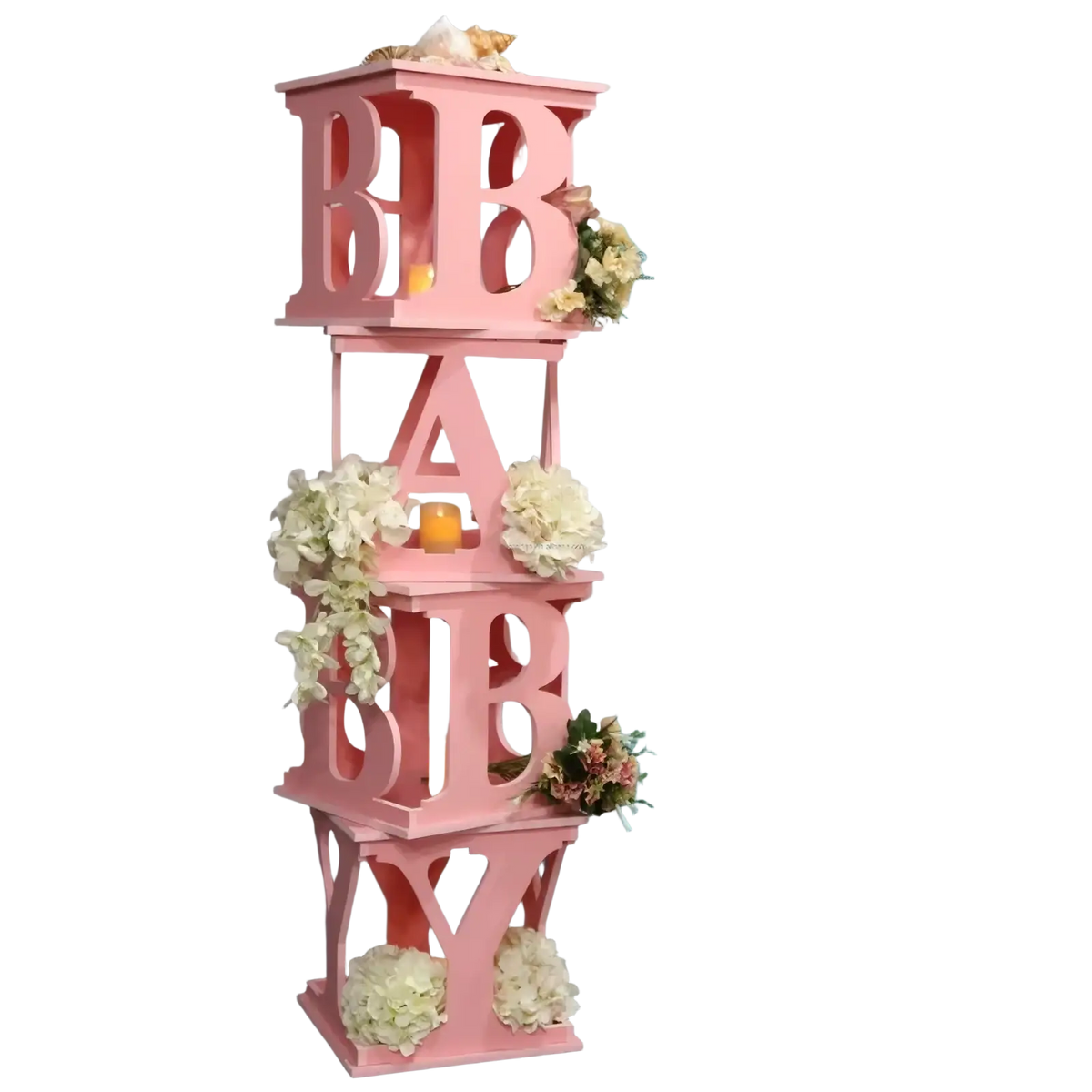 Pink baby shower balloon box party decoration featuring a pink baby letter display stand with white and pink flowers