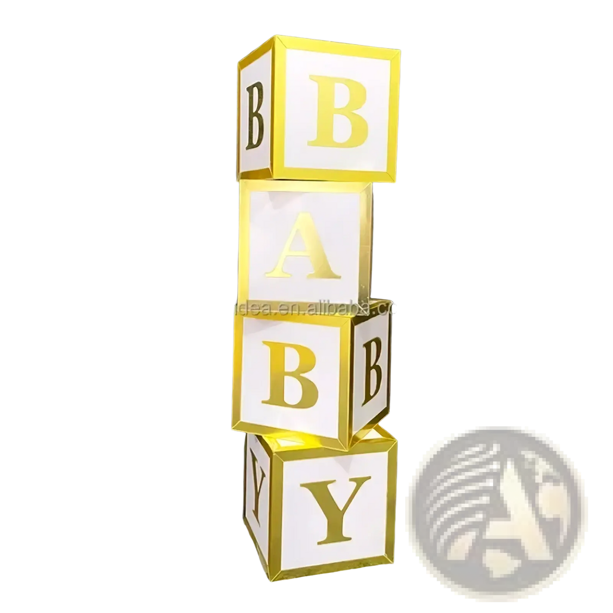 Stacked glossy gold and white baby block letters in a pink baby shower balloon box party decoration
