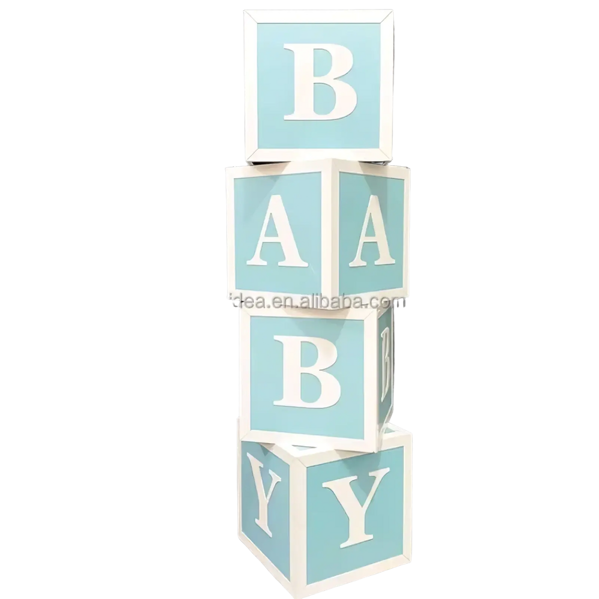 Stacked light blue baby block letters with white borders in bold uppercase for pink baby shower balloon box decoration