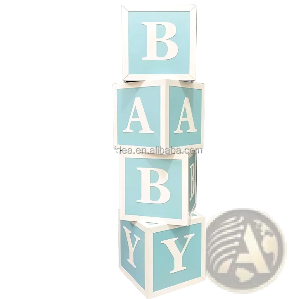 Stacked light blue baby block letters with white borders in bold uppercase for pink baby shower balloon box decoration