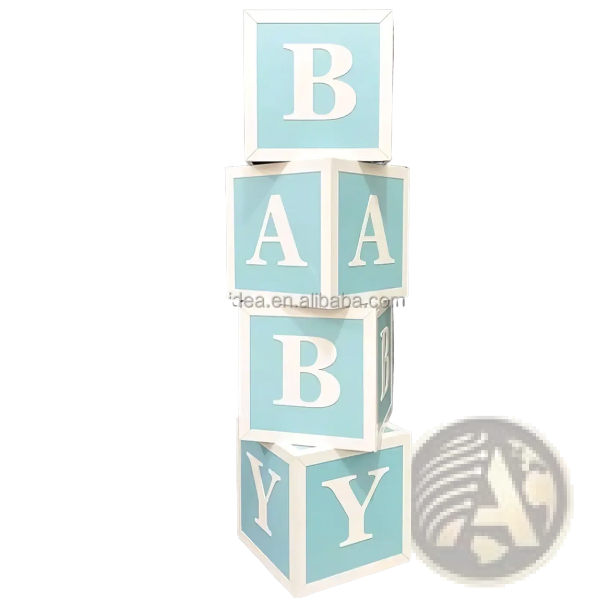 Stacked light blue baby block letters with white borders in bold uppercase for pink baby shower balloon box decoration
