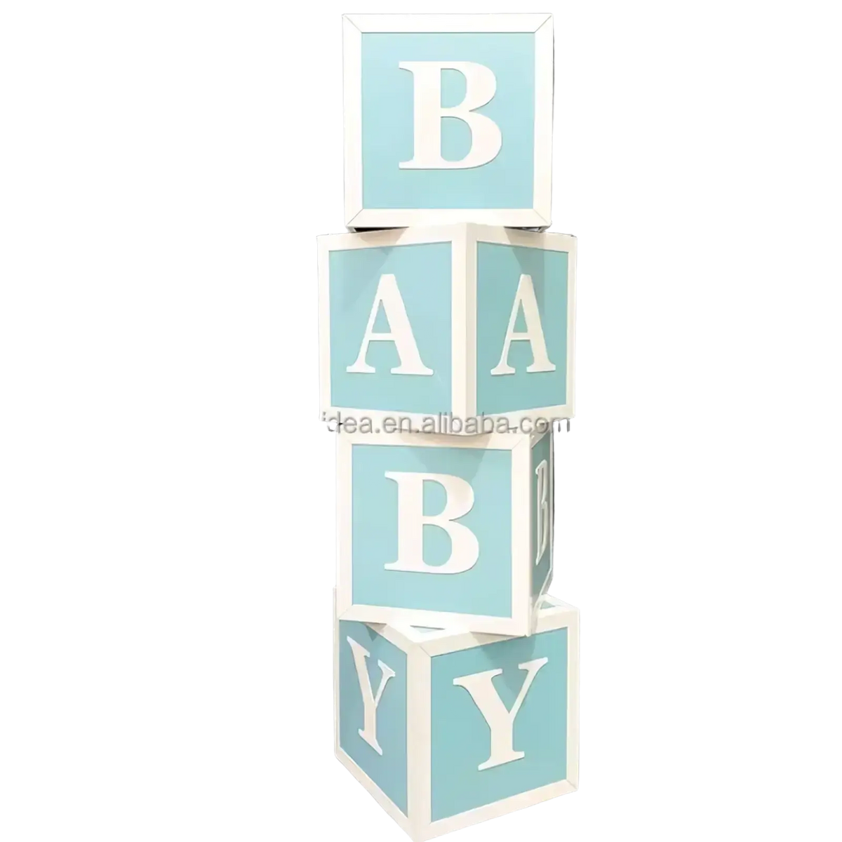 Stacked light-up baby block letters in soft blue with white borders for pink baby shower balloon party decoration